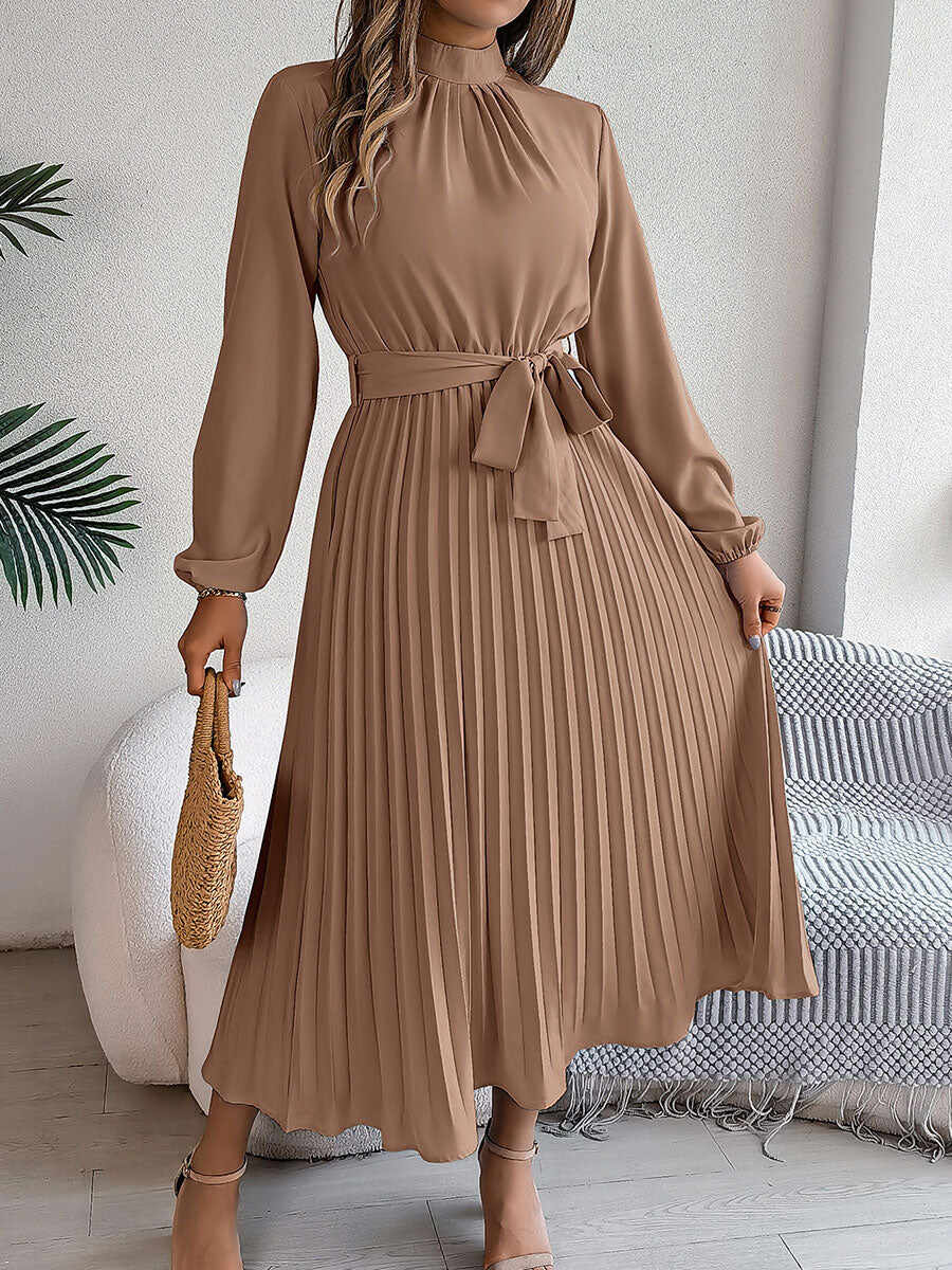 🔥Summer Arrivals🌟Women's Stand-up Collar Long-sleeved Lace Up Pleated Dress