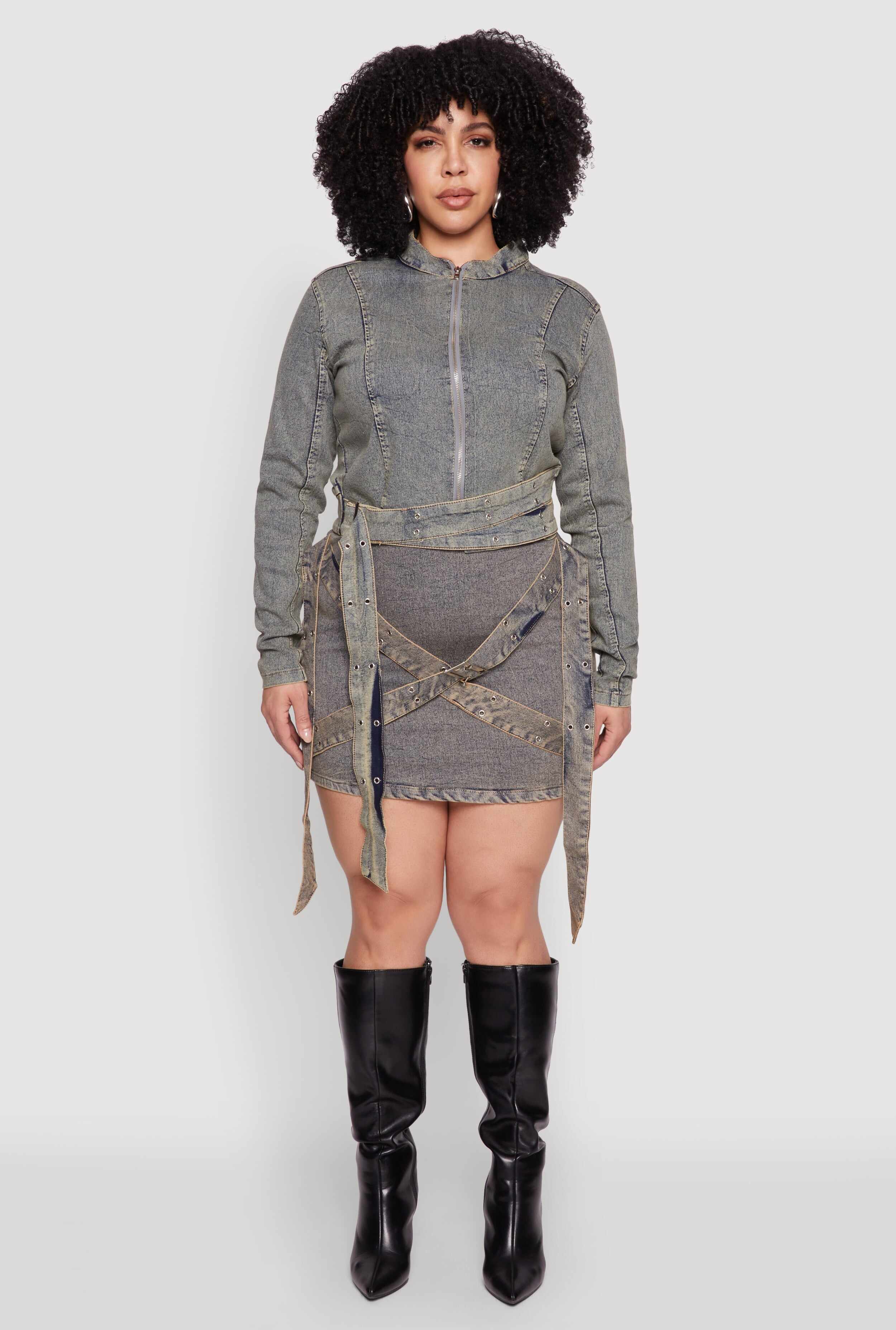 Plus Size Mineral Wash Buckle Strap Mini Skirt