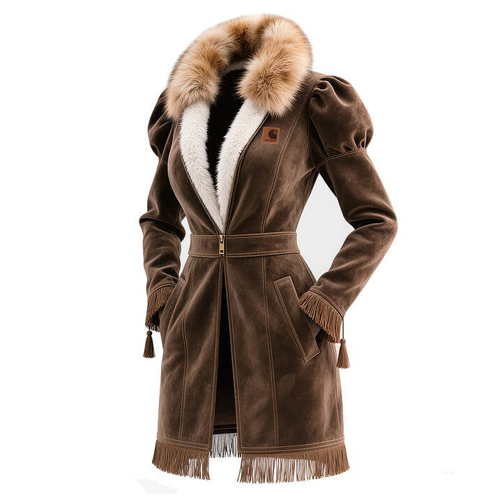 Elegant Brown Faux Suede Coat With Fur Collar