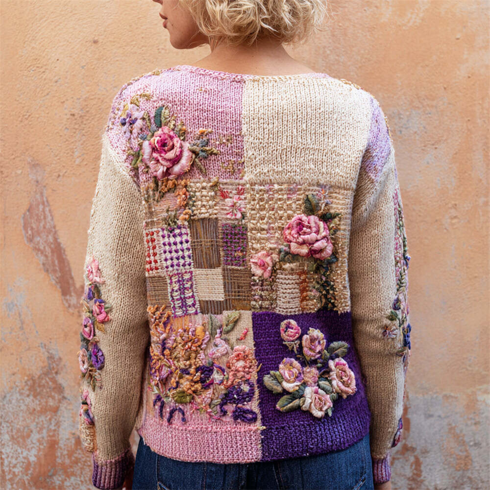 Boho Knit Floral Patchwork Art Women's V-neck Sweater
