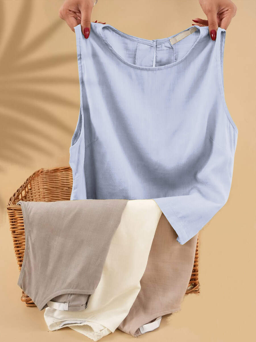 🔥Summer Arrivals🌟Women's Solid Color Round Neck Sleeveless Casual Linen Vest Top