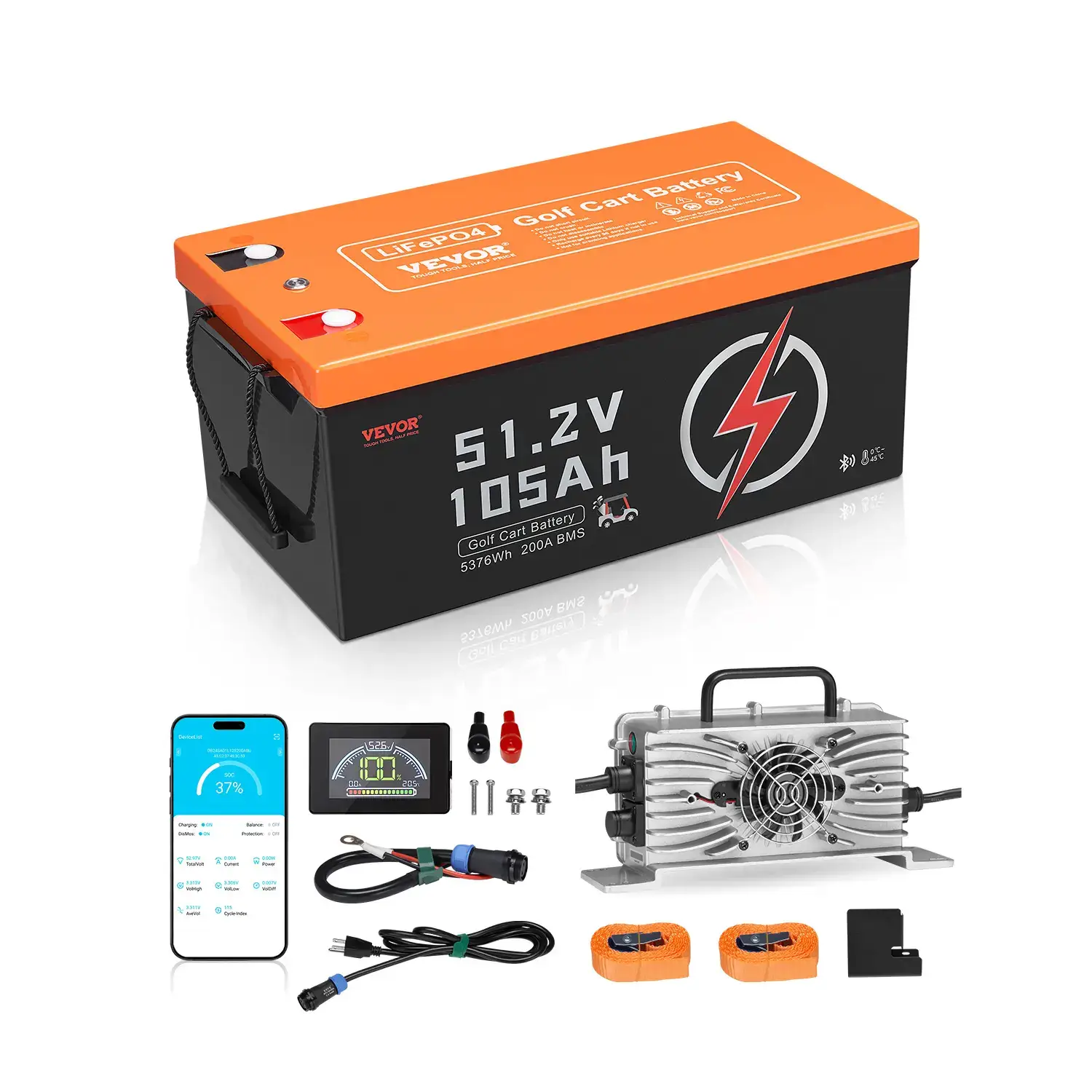 48V（51.2V) 105Ah Golf Cart Lithium Battery,48 Volt Golf Cart Battery with 200A BMS, LCD Monitor and Mobile APP, LiFePO4 Battery with 600A Peak Current, 20A Charger and 4000+ Cycles, for Golf Carts