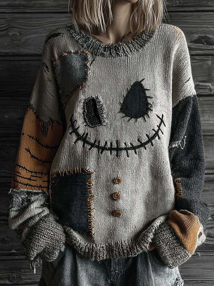 Halloween Spooky Face Contrast Stitched Cozy Knit Sweater