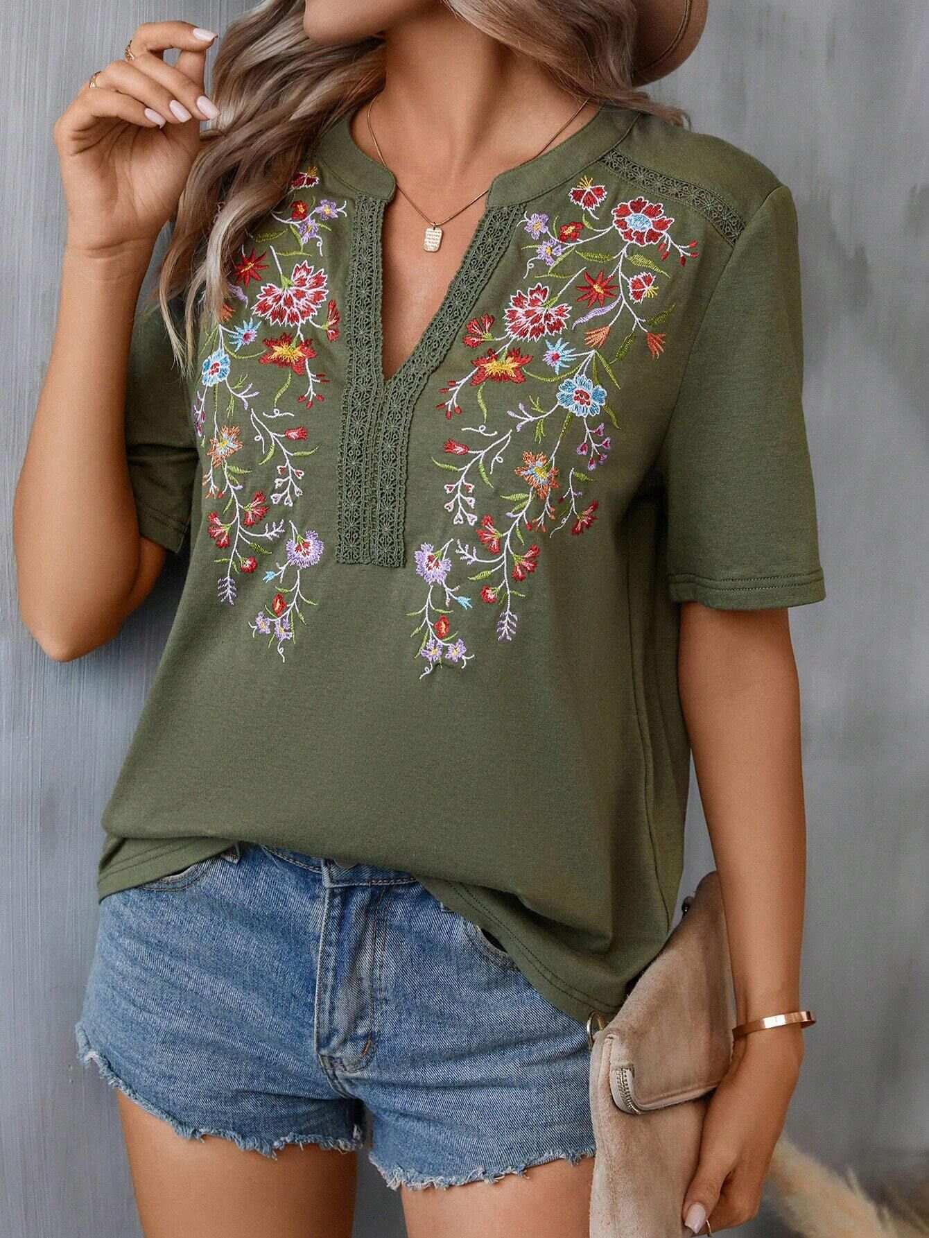 Embroidered Floral V-Neck Short-Sleeve T-Shirt
