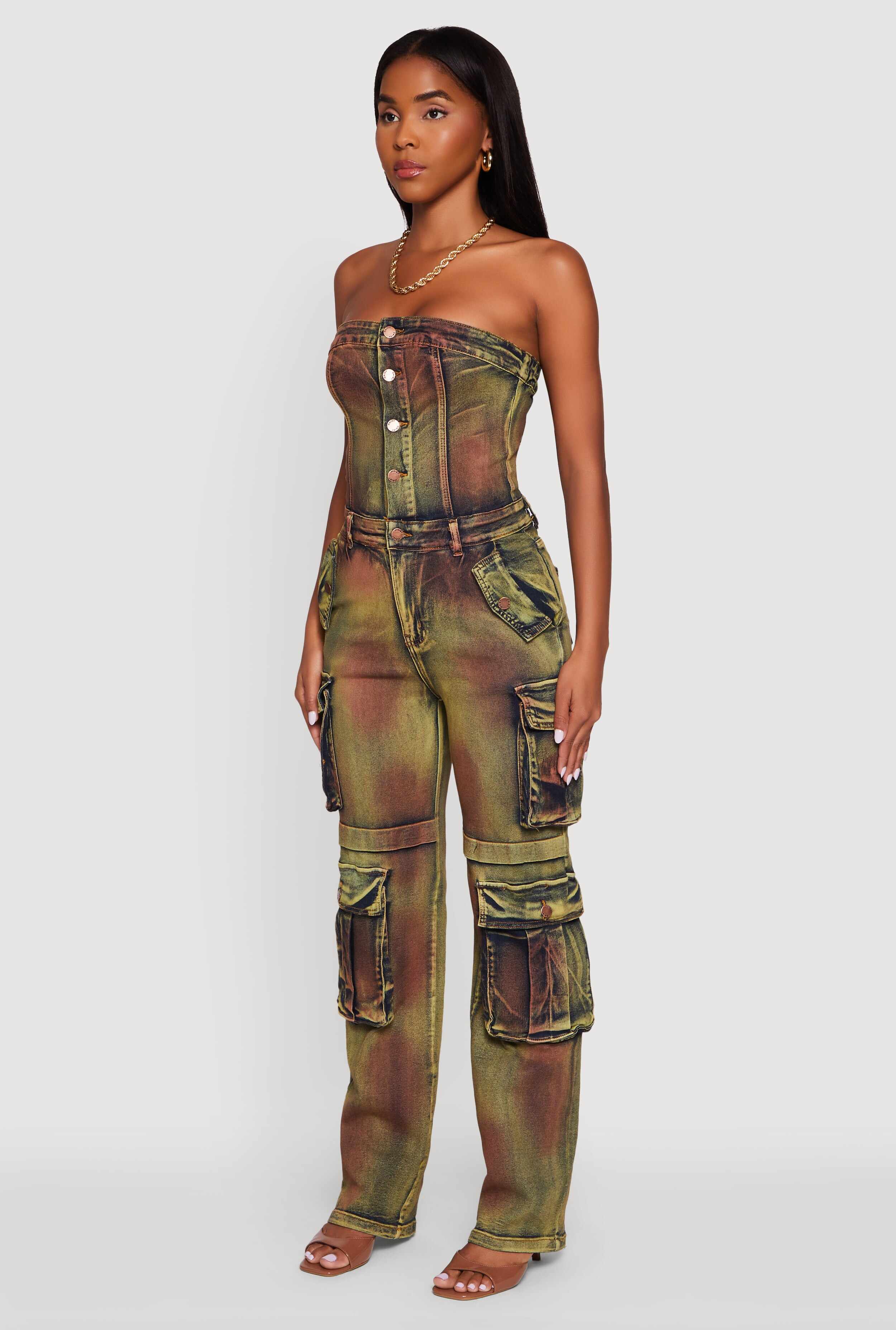 Tie Dye Acid Wash Denim Utility Tube Jumpsuit