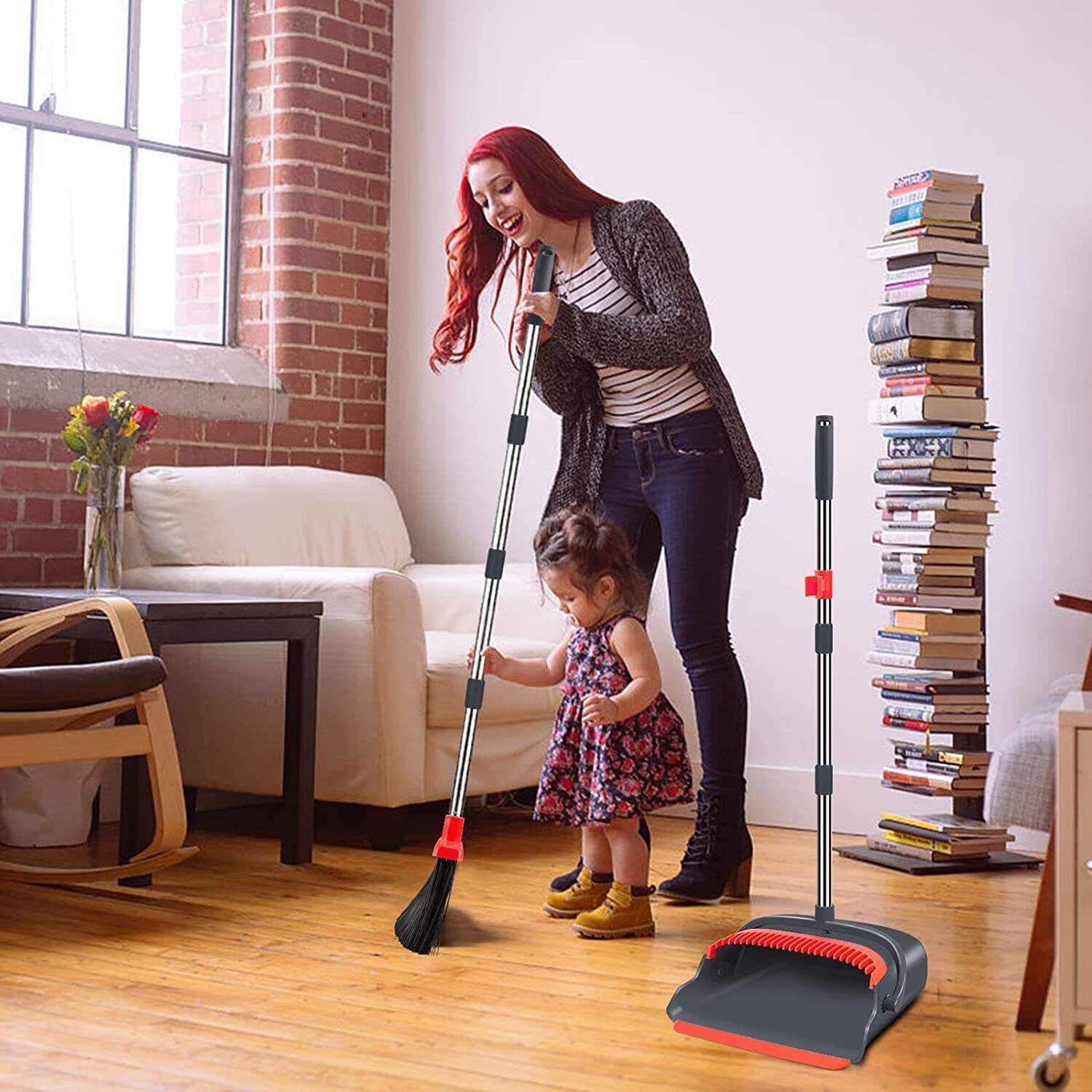 Upgrade Broom and Dustpan Set, Self-Cleaning with Dustpan Teeth, Ideal for Dog Cat Pets Home Use, Super Long Handle Upright Stand Up Broom and Dustpan Set (Gray&Orange)