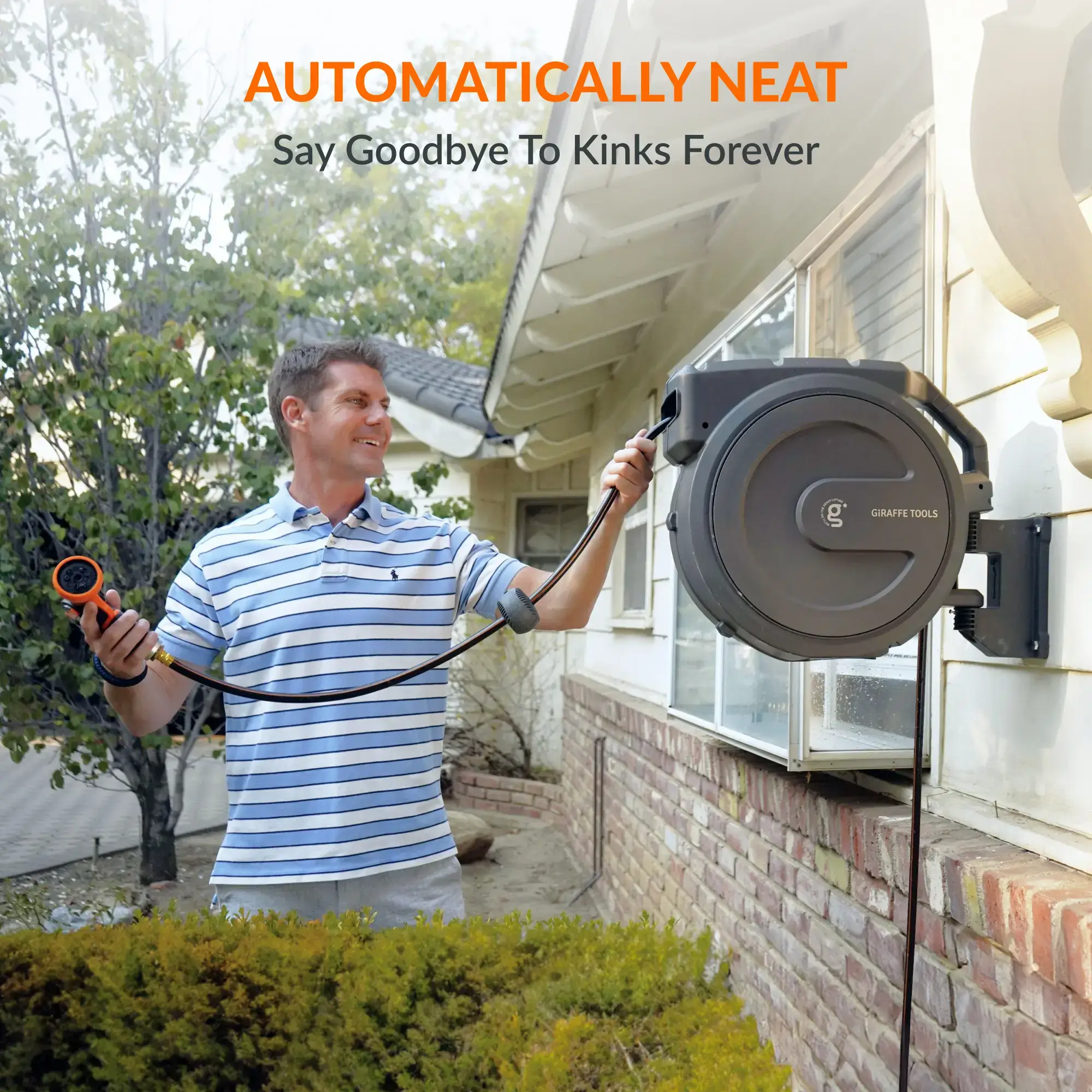 Giraffe Tools Tangle-Free Kink-Free Retractable Hose Reel 90ft-130ft AW Series Outdoor with DS Trigger Mechanism & G-Self-Layering System Adjustable Nozzle