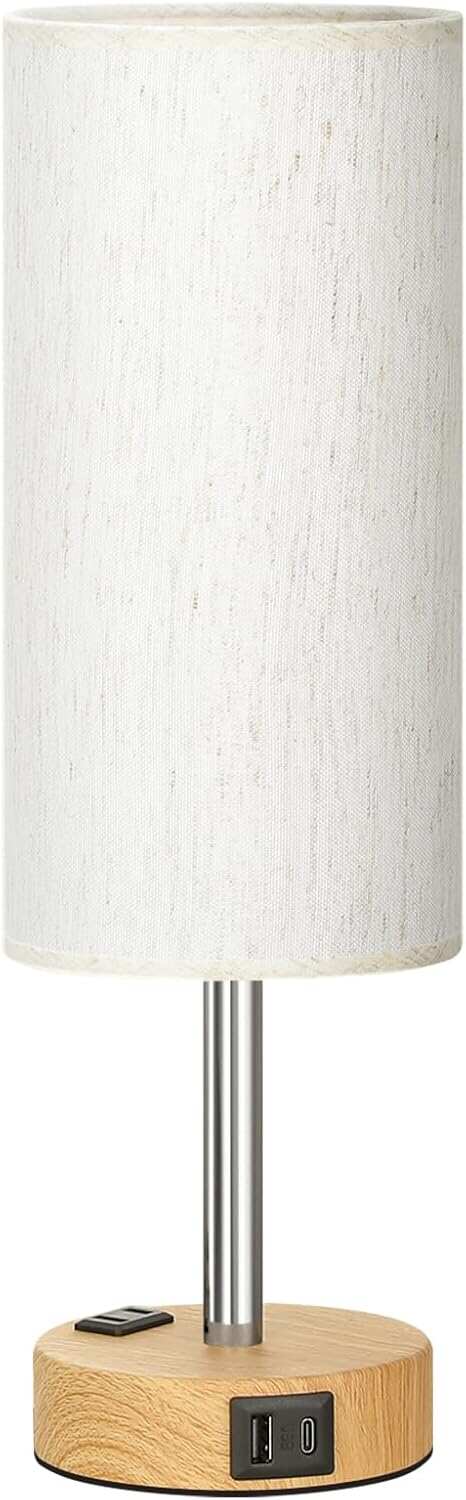 Bedside Table Lamp for Bedroom - 3 Way Dimmable Touch Lamp USB C Charging Ports and AC Outlet, Small Lamp Wood Base Round Flaxen Fabric Shade for Living Room, Desk, LED Bulb Included