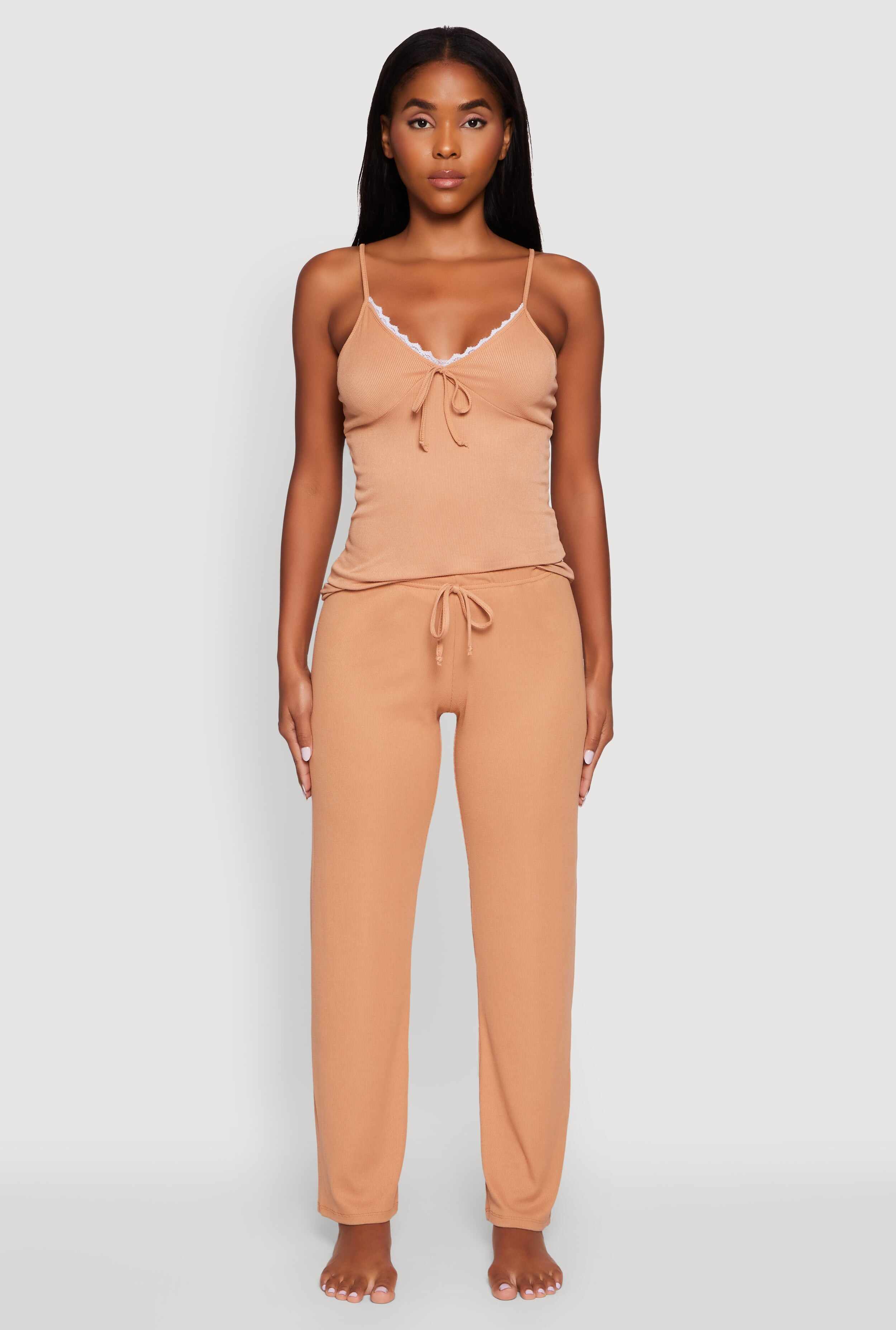 Rib Knit Lace Trim Pajama Cami and Pants Set