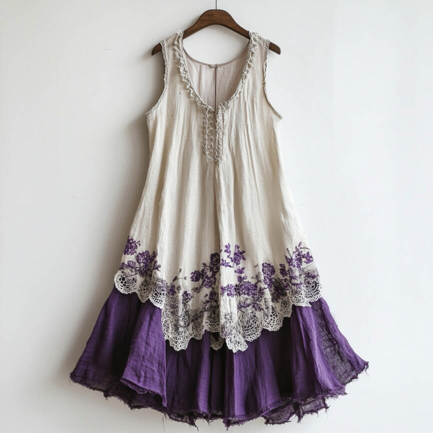 Vintage Lace Floral Embroidery Patchwork Art Tank Midi Dress