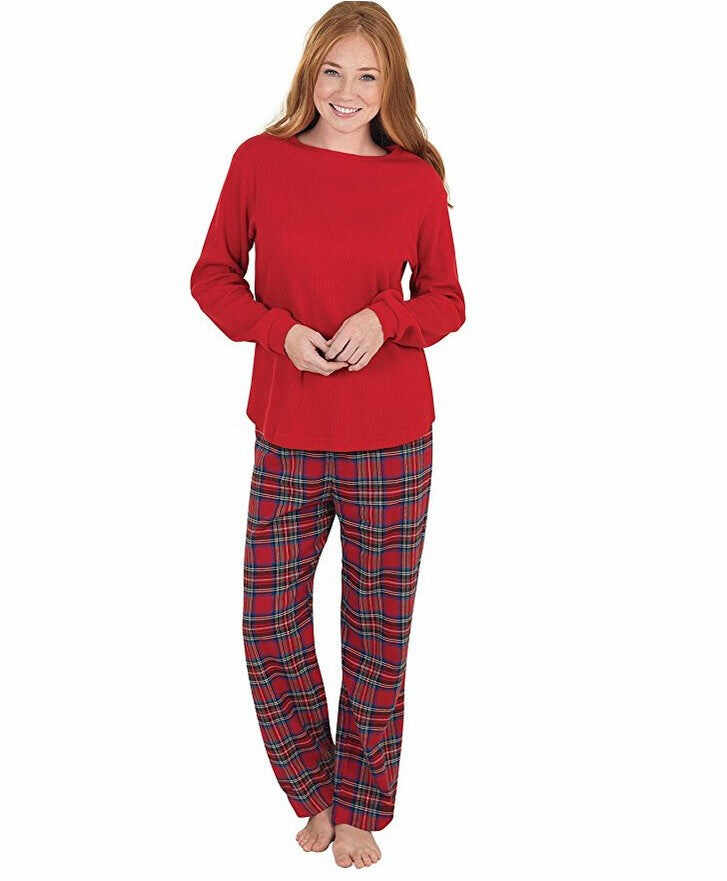 Christmas Long Sleeve Pure Red Top and Long Plaid Pants Family Matching Pajamas
