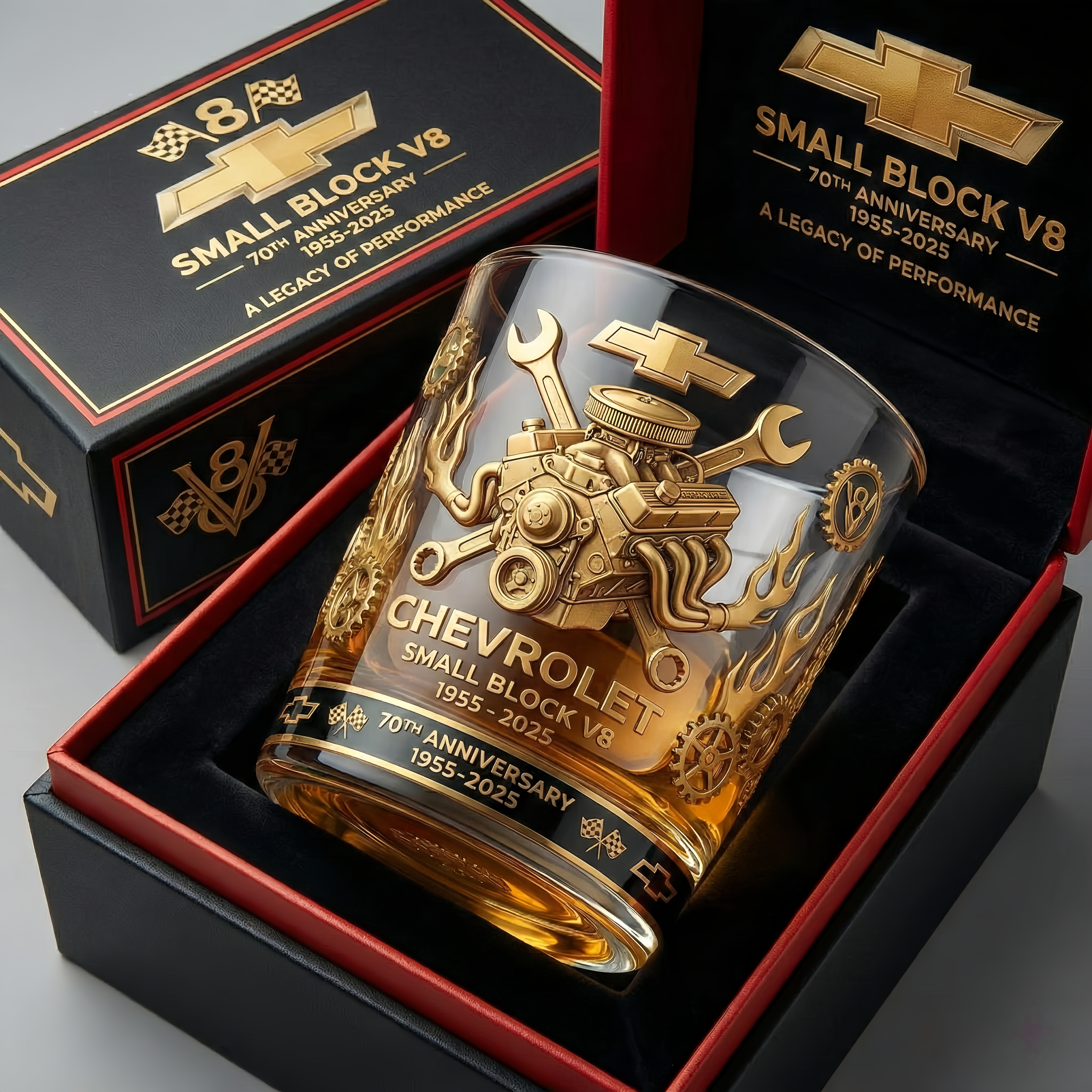 Small Block V8 70th Anniversary Commemorative Whiskey Glass