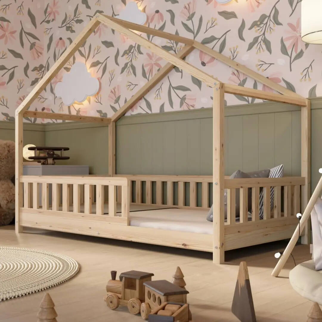 Clearance Sale Crazy Pine Cabin Bed 160x80 cm – Natural Wood Children's Bed with Barrier – Montessori Floor Bed with Height-Adjustable Legs and Removable Barrier - Crazy House