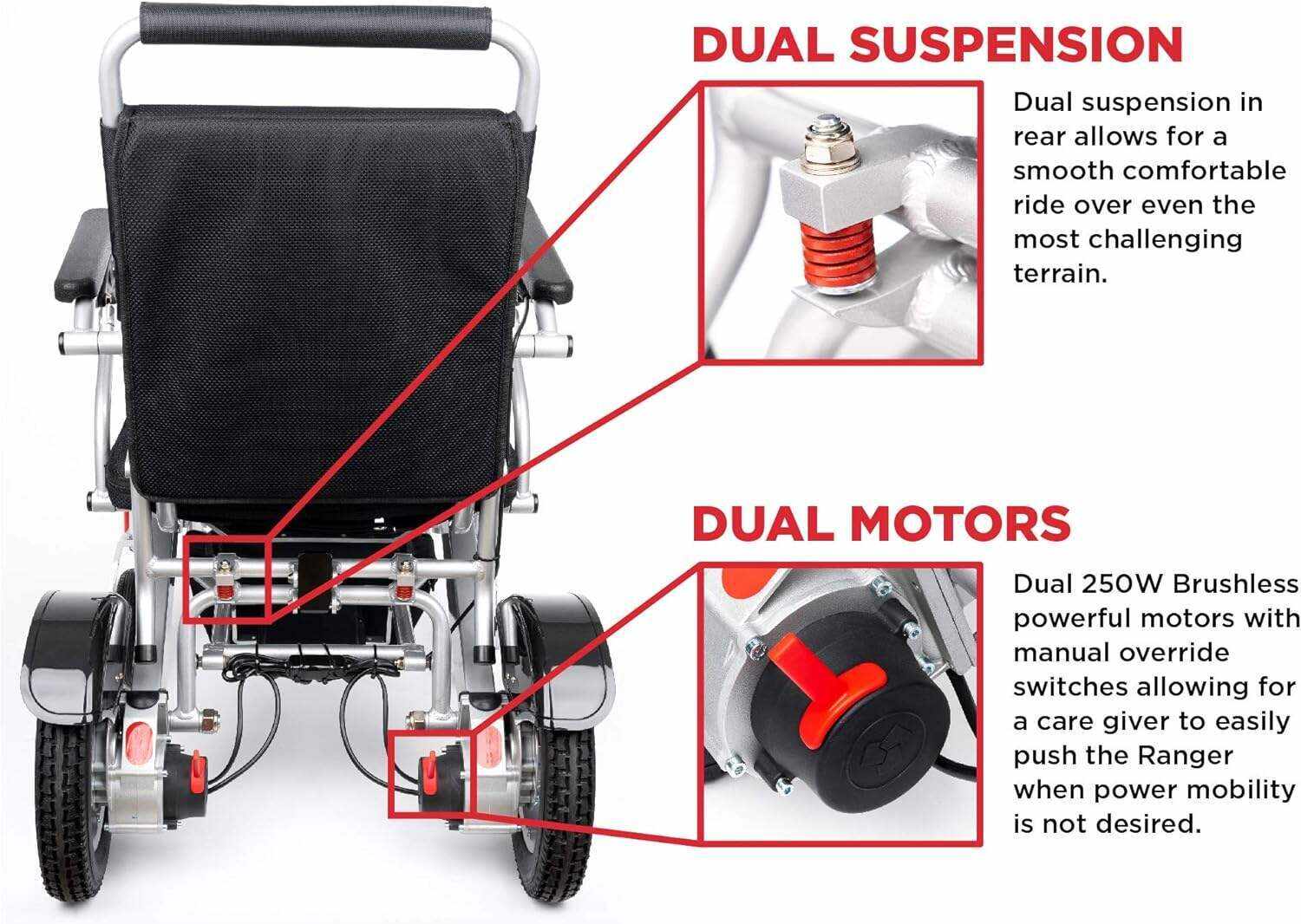 Porto Mobility 2024 Ranger Discovery Lightweight Foldable Weatherproof Exclusive Electric Wheelchair, Portable, Brushless Powerful Motors, Dual Battery, All Terrain (Silver, Standard)
