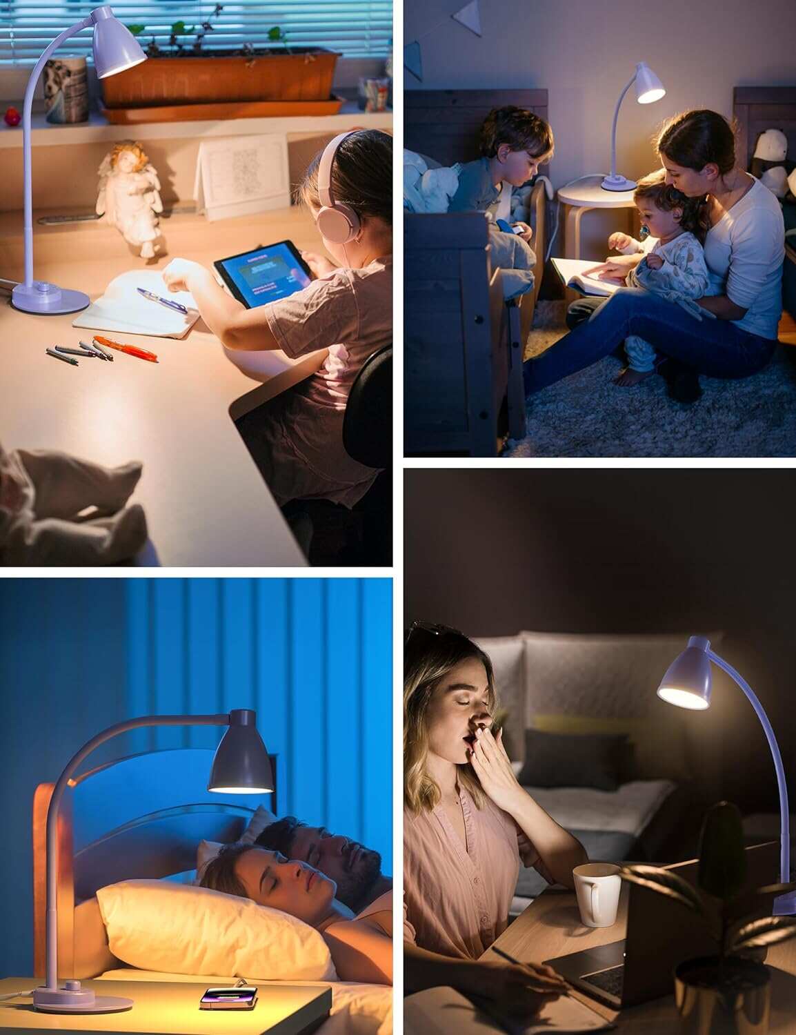 BOHON LED Desk Lamp with USB Charging Port 3 Color Modes Dimmable Reading Light Intelligent Induction Auto Dimming Task Lamp Flexible Gooseneck Table Lamp for Bedside Office, AC Adapter Include
