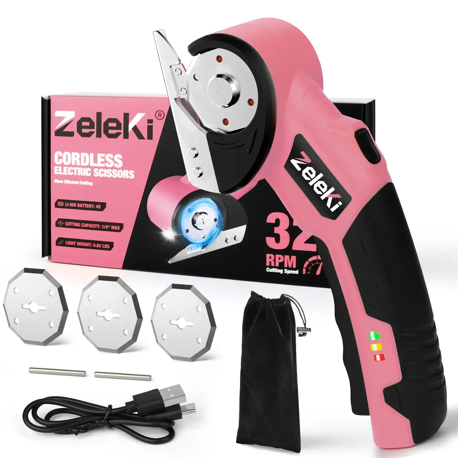 【Gift】Cordless Electric Scissors 4V – Rechargeable Heavy Duty Cutter with Safety Lock, LED Light, Long Battery Life & 2 Extra Blades | Easy-to-Use Wireless Shears for Cardboard, Packaging Yellow with Storage Bag