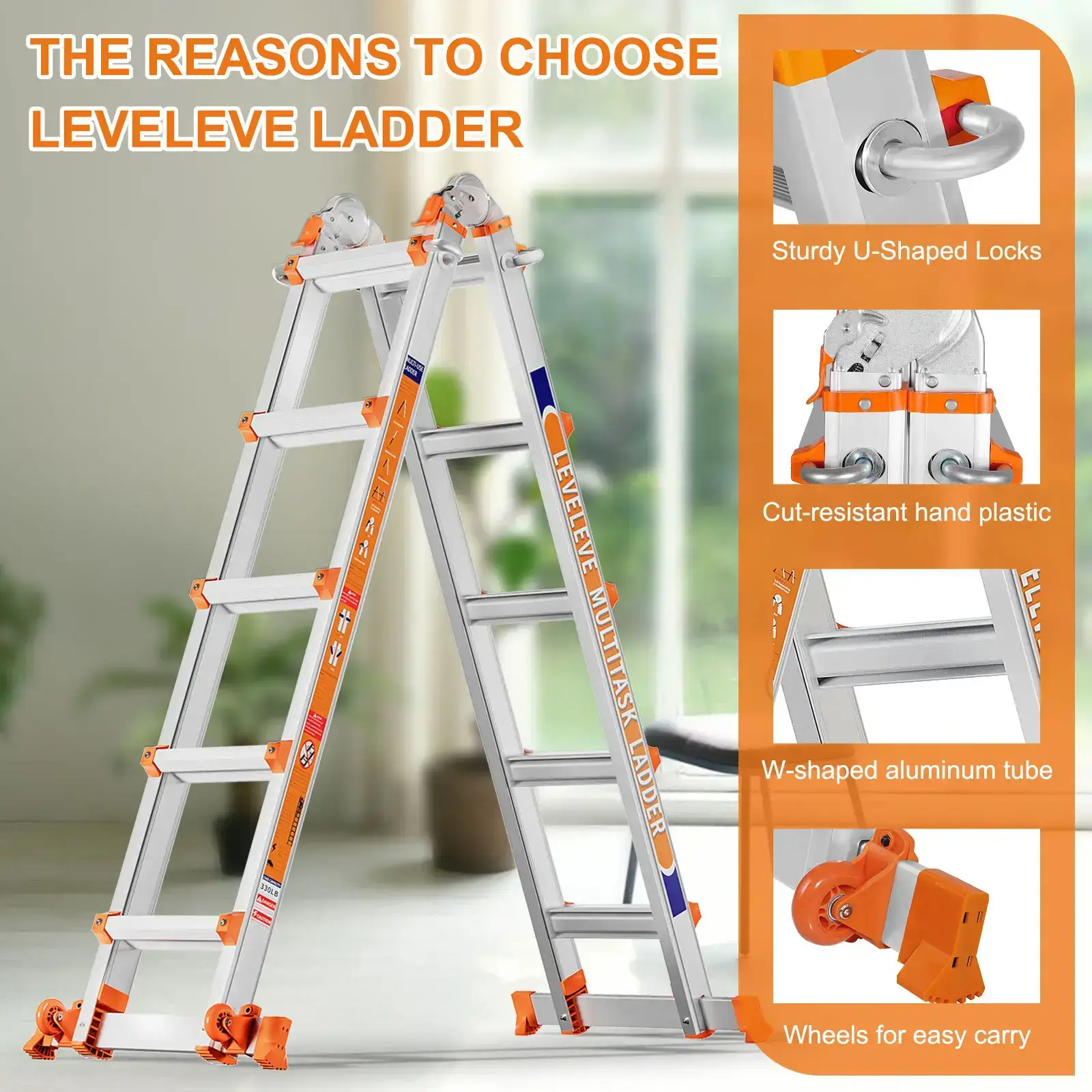 Multi-Position Extension Ladder, A-Frame Step Ladder with Stabilizer Bars, 330LBS Load Capacity, Foldable with Wheels for Home, Outdoor & Roof Work
