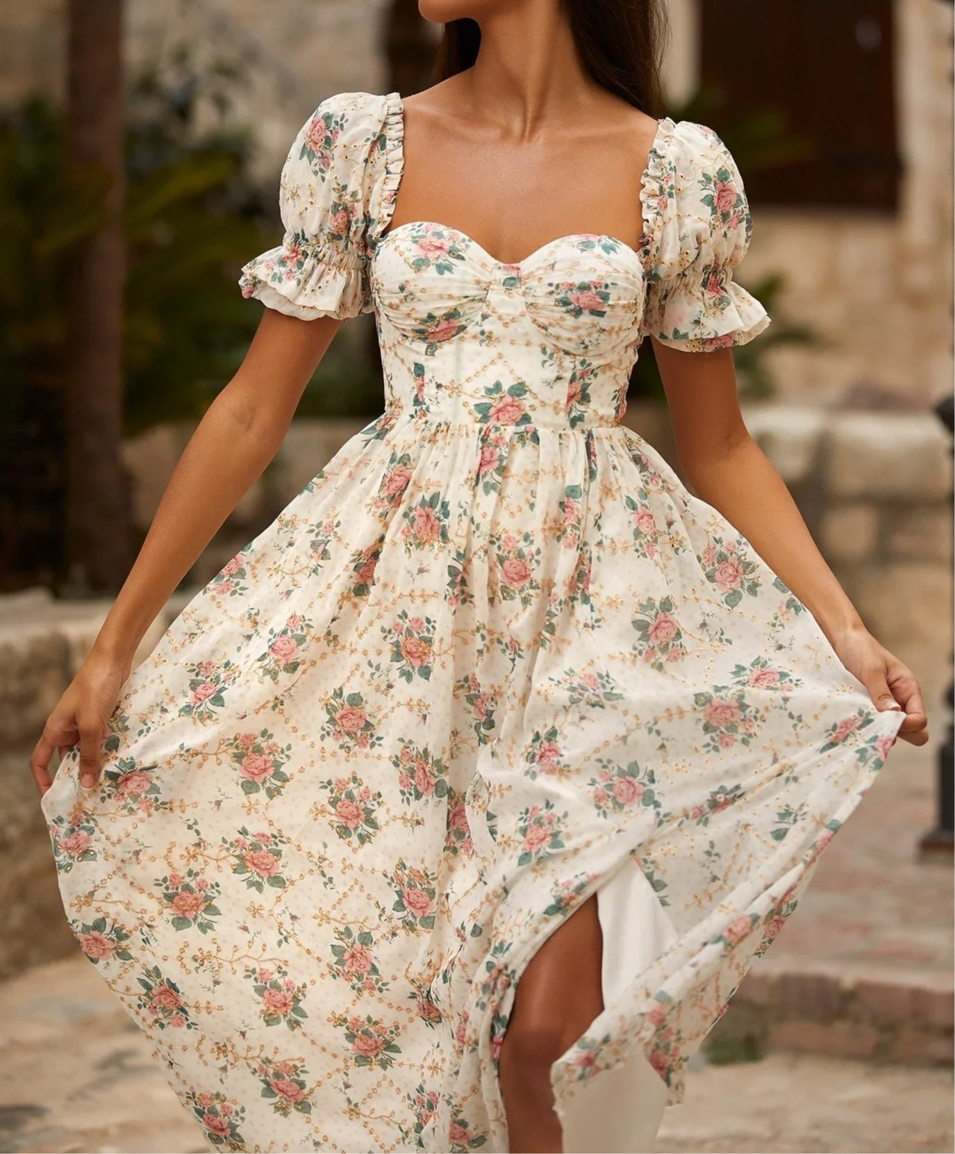 Floral Puff Sleeve Corset Backless Lace Up Slit Midi Dress