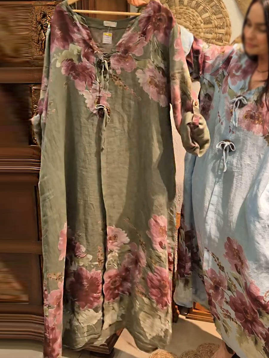 🔥Summer Arrivals🌟Women's V-neck Long Sleeve Vintage Positioning Print Casual Loose Cotton and Linen Dress