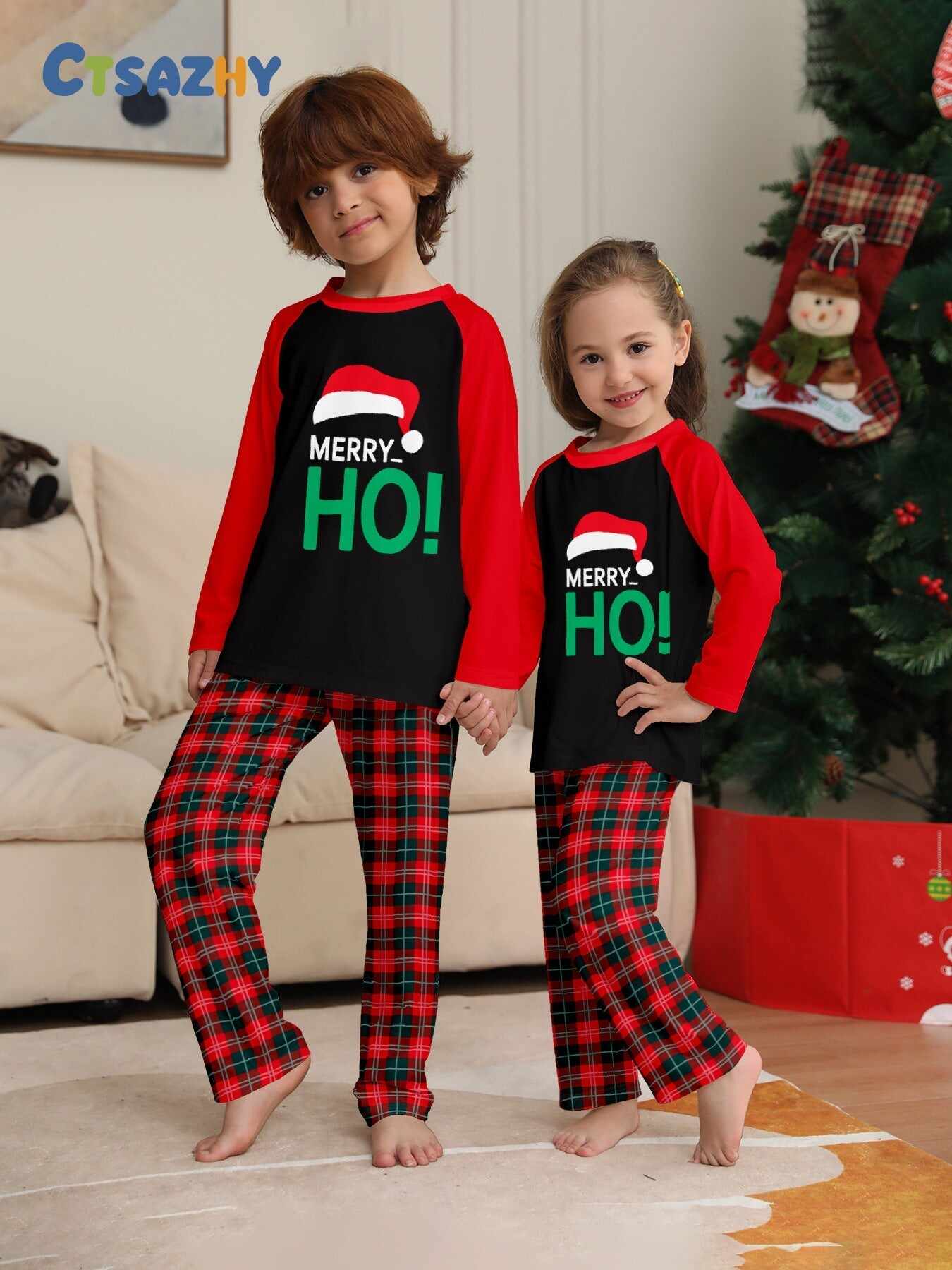 Santa Hat Monogrammed Family Holiday Plaid Pajama Set
