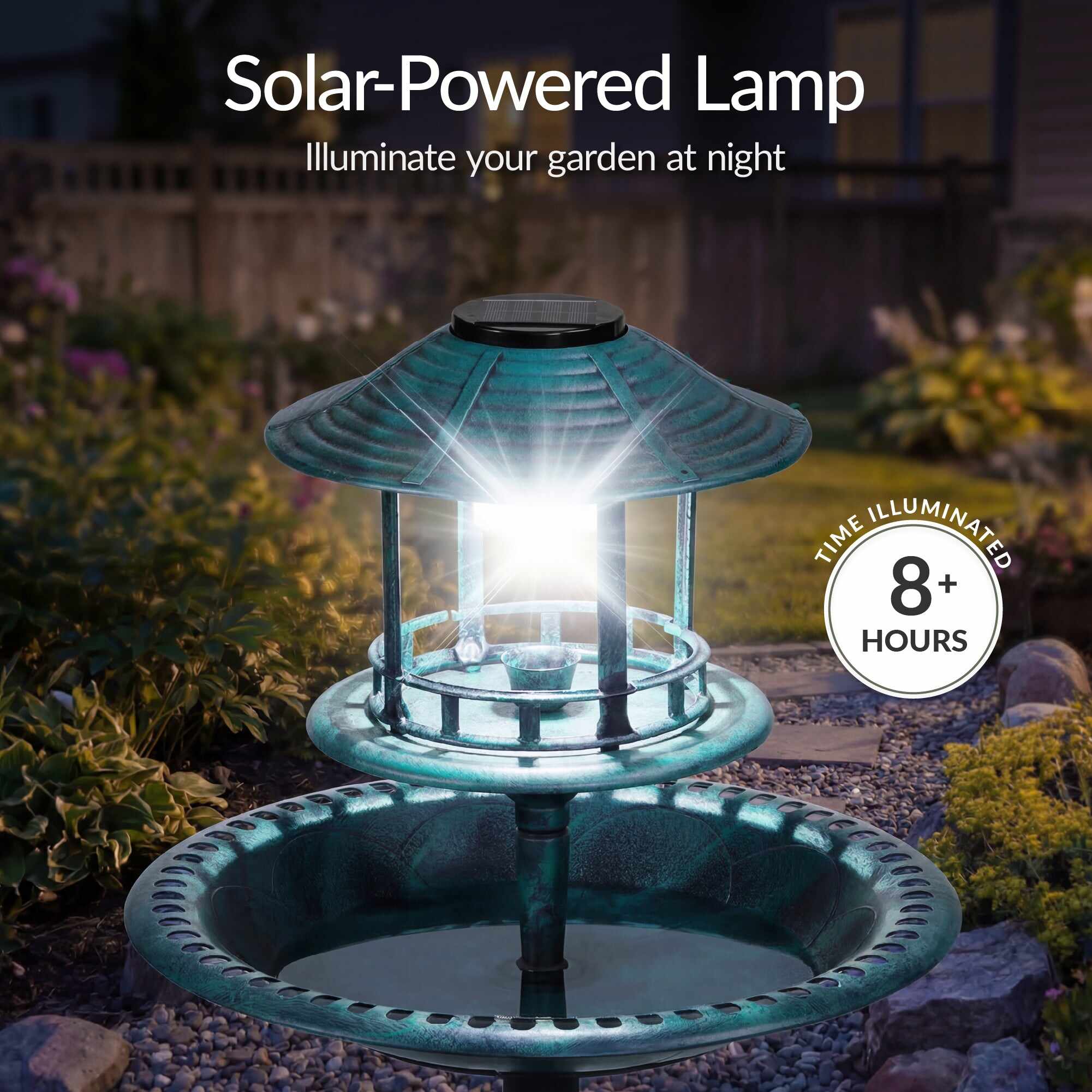 Solar Lighted Outdoor Pedestal Bird Bath w/ Planter, Decorative Bird Cage