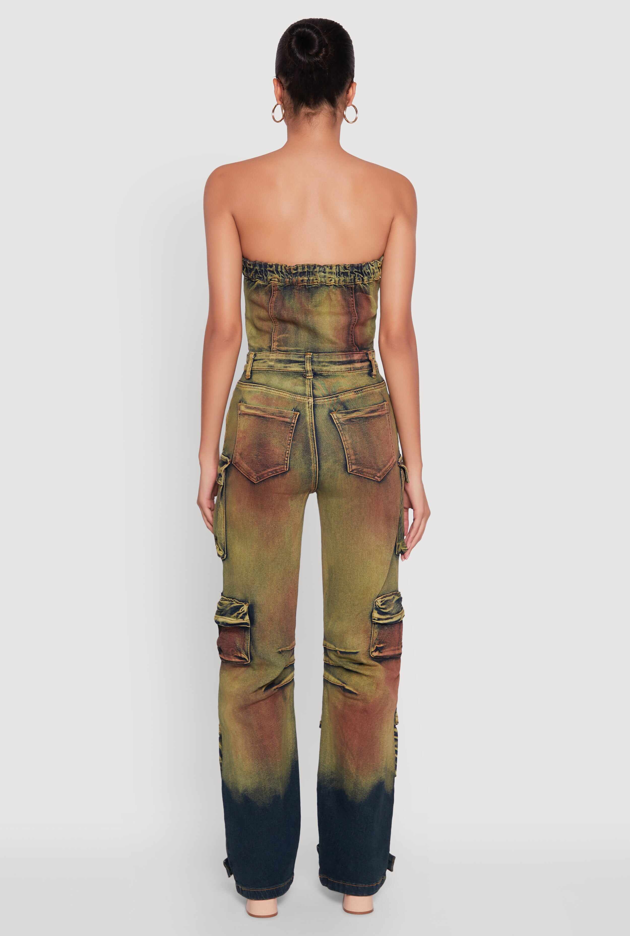 Acid Wash Button Front Tube Utility Jumpsuit