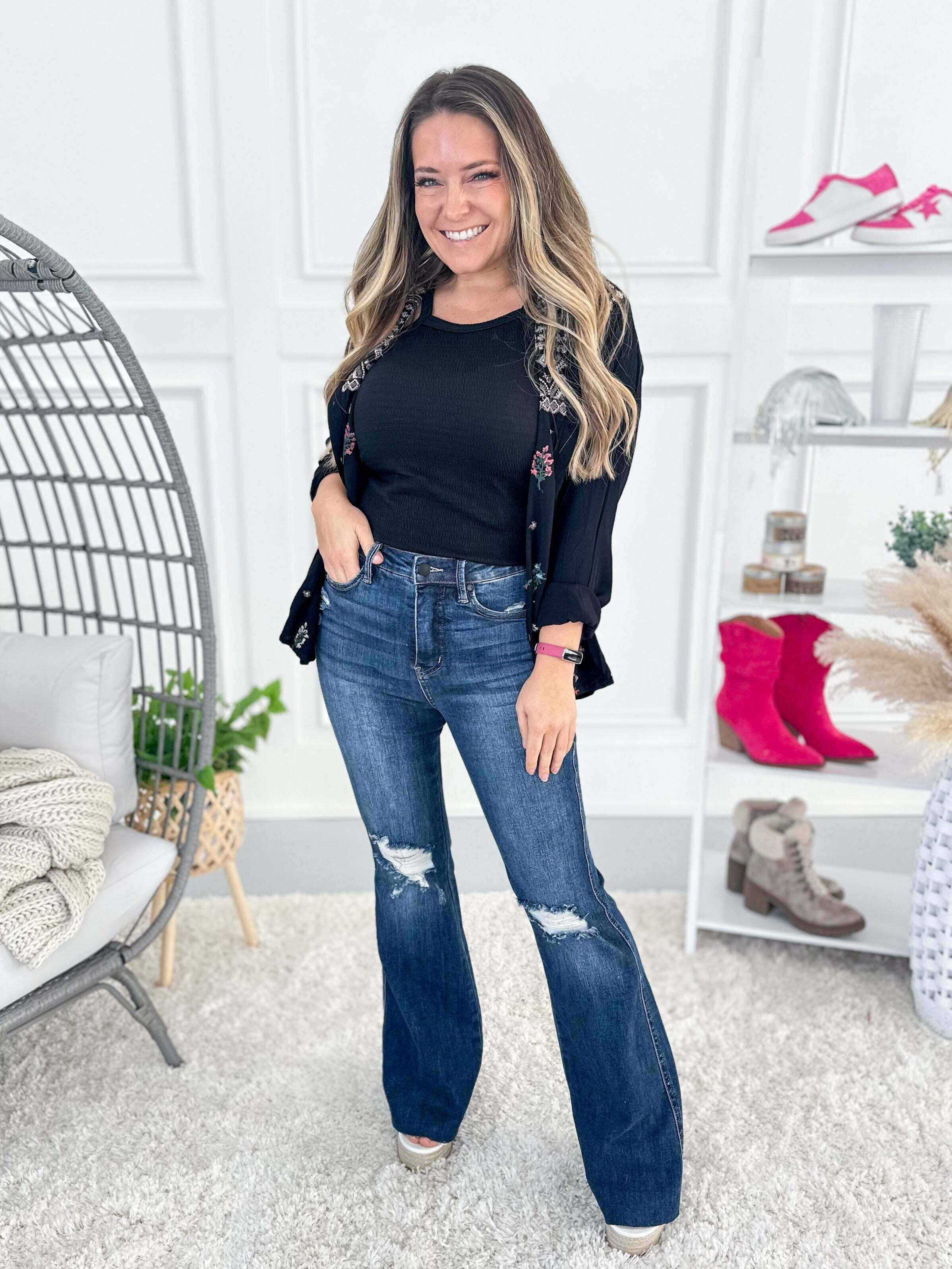 Full Of Flare - Christmas Tummy Control Knee Destroy Raw Hem Flare Jeans- Final Sale