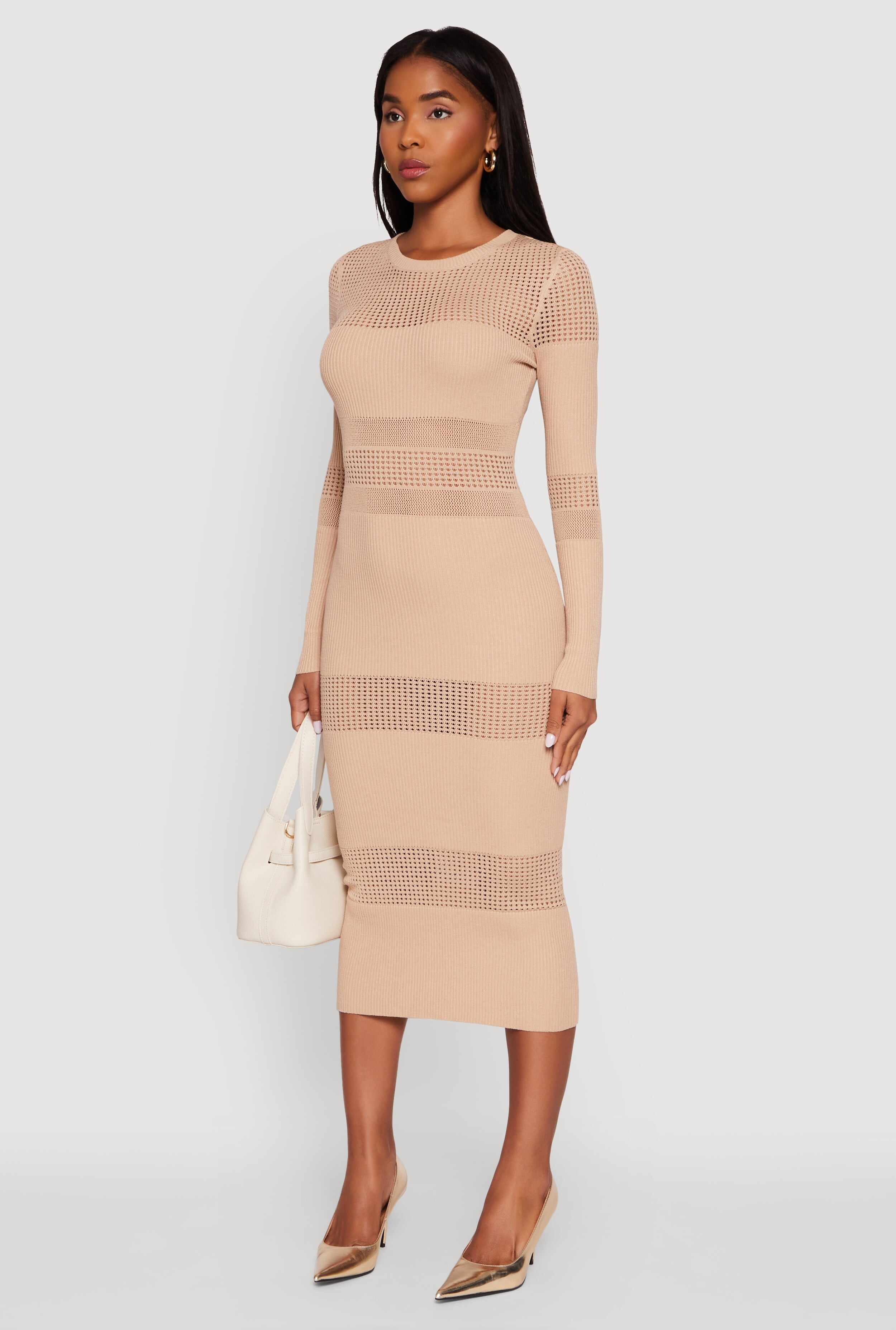 Crochet Detail Long Sleeve Bodycon Sweater Dress