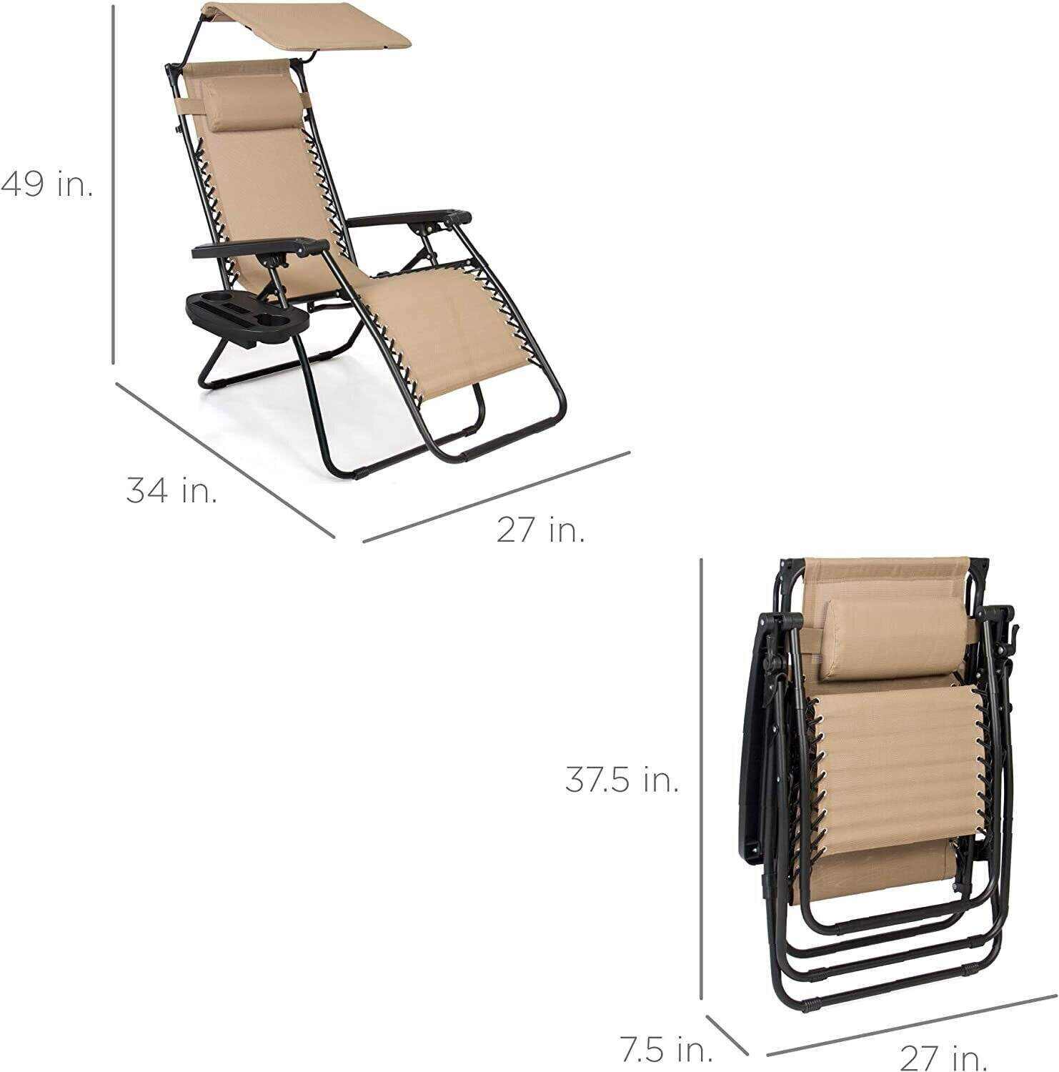 Folding Zero Gravity Recliner Patio Lounge Chair w/Adjustable Canopy Shade, Headrest, Side Accessory Tray, Textilene Mesh - Beige