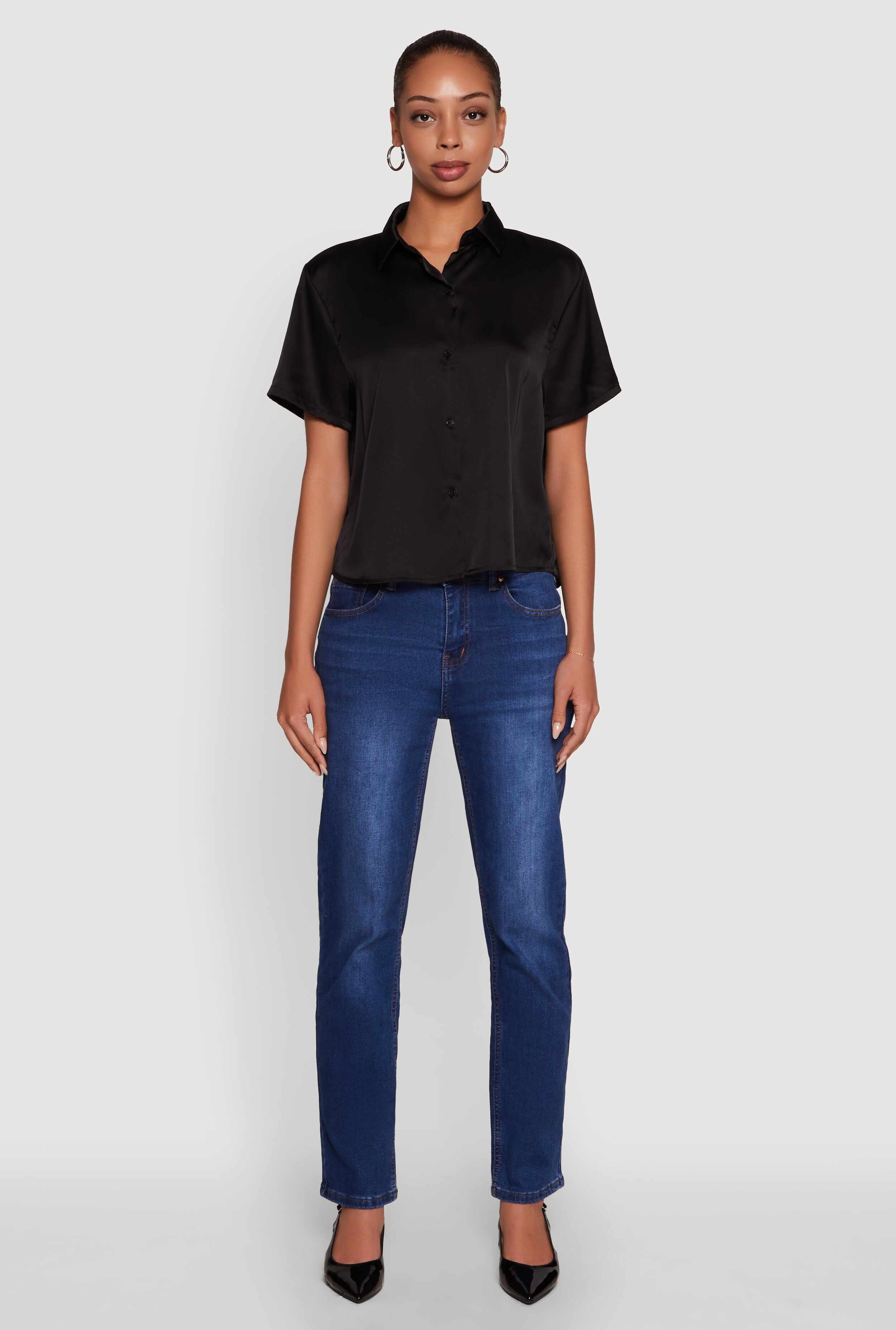 Satin Button Front Cropped Boxy Top