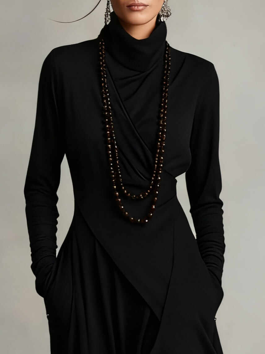 Purple High-neck Asymmetrical Pleated Maxi Dress(Necklace not included)