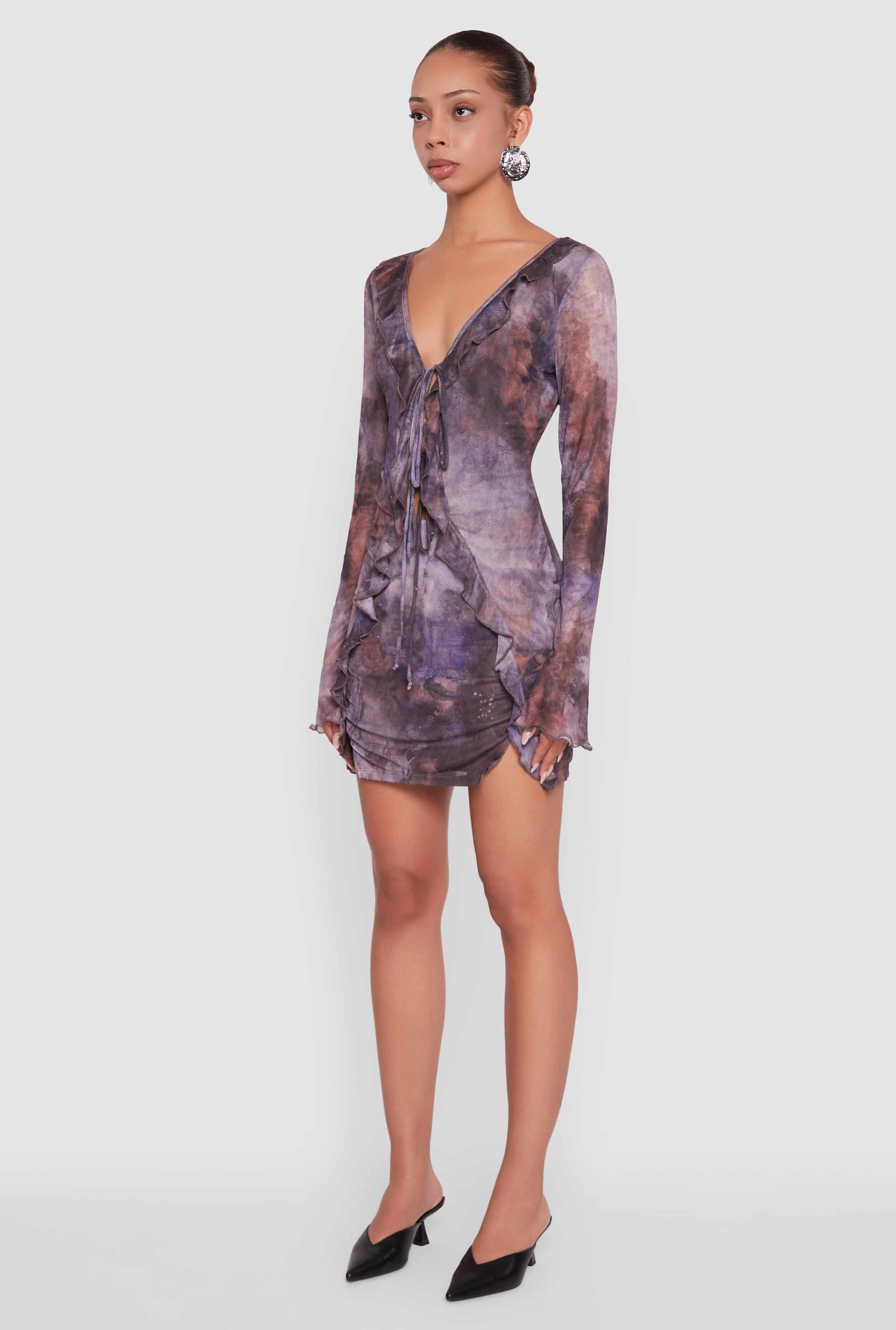 Ruffle Mesh Tie Front Bodycon Dress
