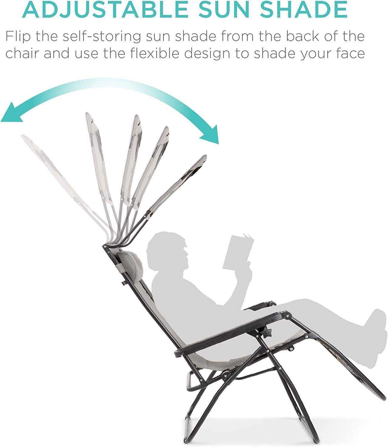 Folding Zero Gravity Recliner Patio Lounge Chair w/Adjustable Canopy Shade, Headrest, Side Accessory Tray, Textilene Mesh - Beige