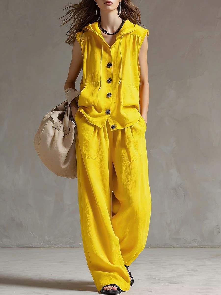🔥Summer Arrivals🌟Women's Solid Color Sleeveless Casual Loose Hooded Top and High-Waisted Wide-Leg Cotton Set