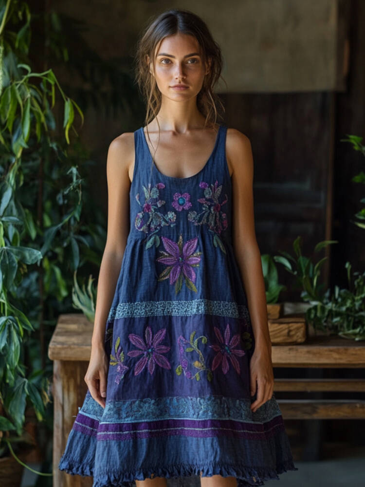 Vintage Bohemian Floral Embroidery Linen Mini Dress