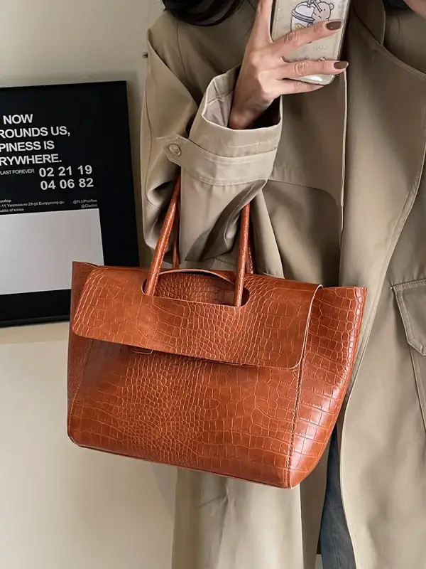 Croc-Embossed Leather Tote Bag