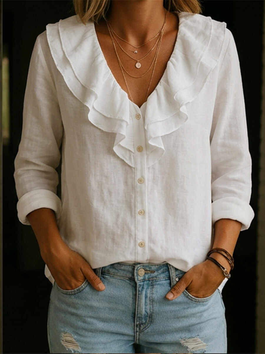 🔥Summer Arrivals🌟Women's Ruffled Collar Linen And Cotton Shirt