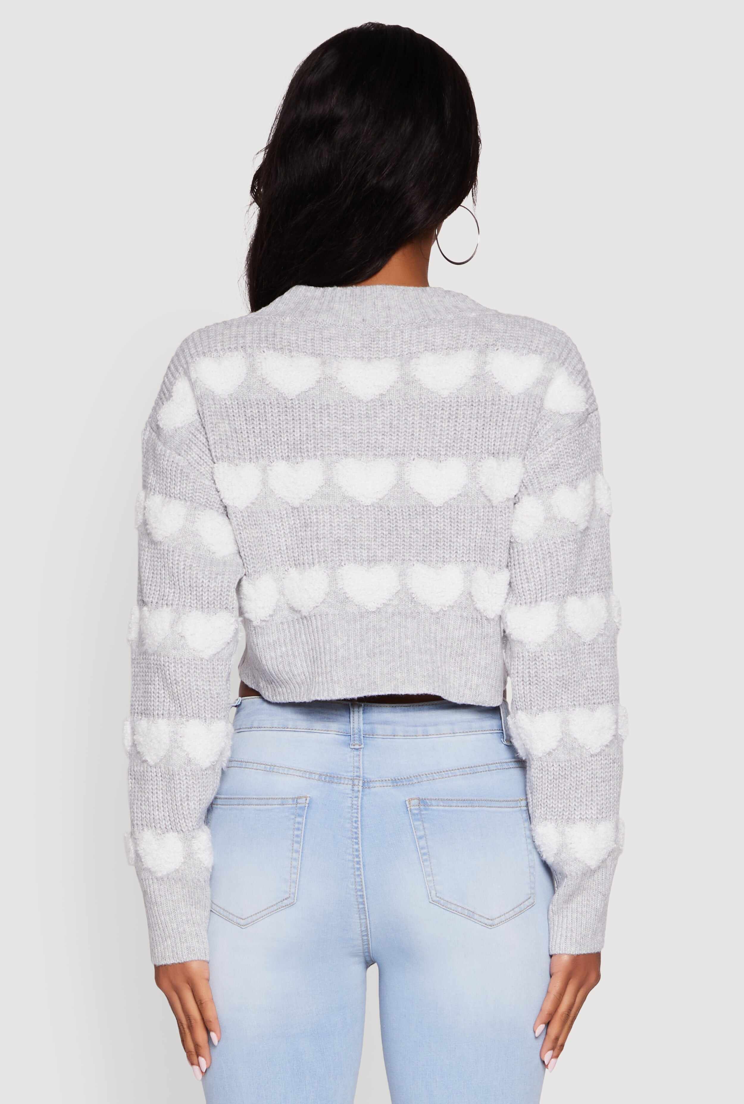Chenille Heart Patterned Brushed Knit Cropped Cardigan
