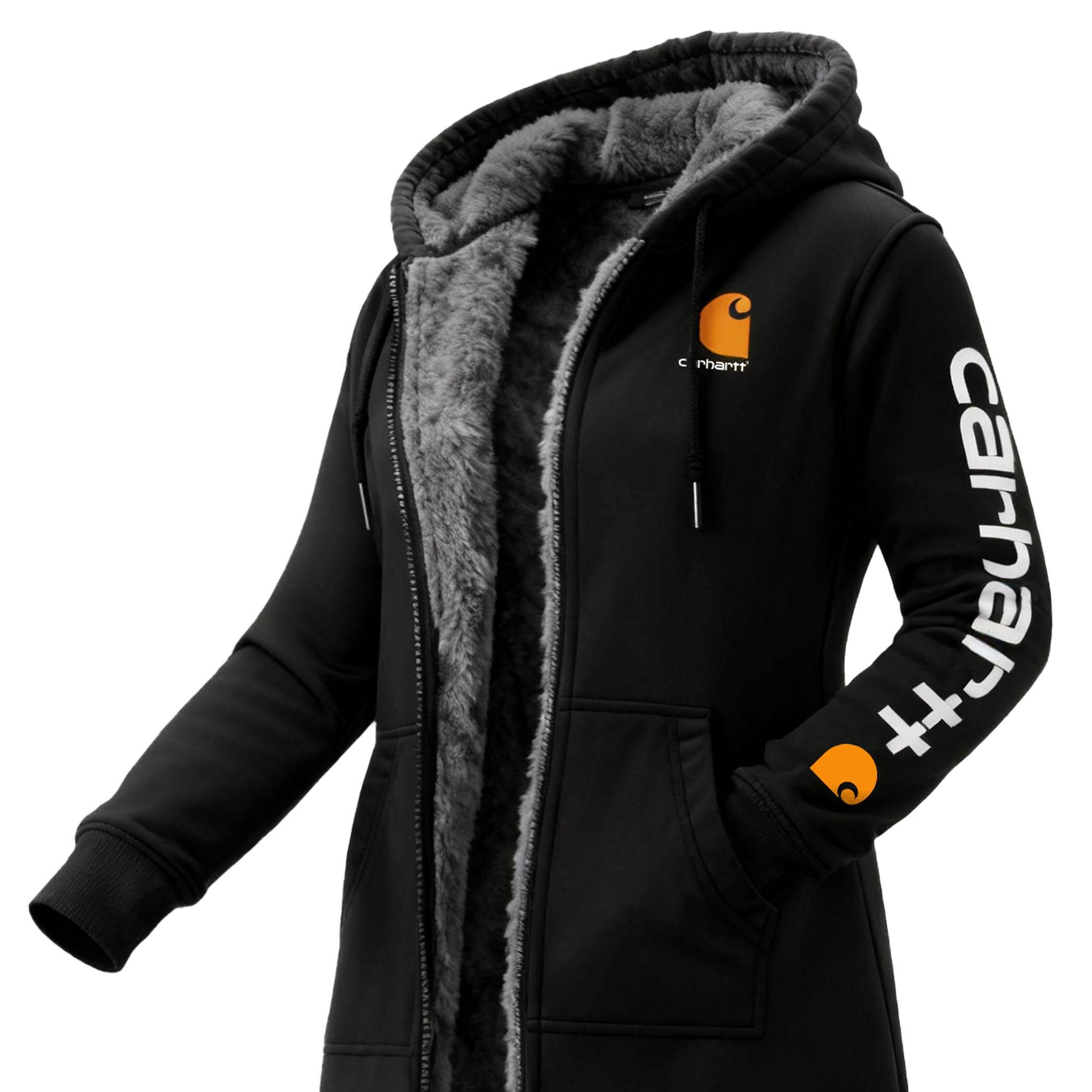 Women's Vintage Fleece Pocket Full Zip Long Sleeve Hoodie Long Coat