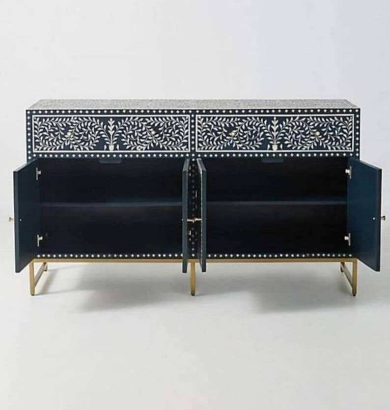 Handmade Bone Inlay Sideboard Table - Floral Hand Carved Wooden Furniture for Home Decor - Sideboard Buffet with Storage