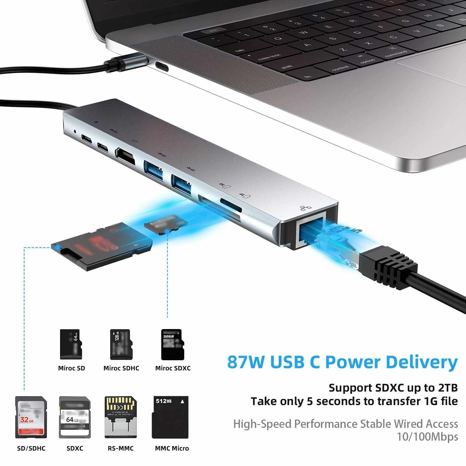 8 In 1 USB C HUB, USB C Adapter With 4K HDTV, 100W PD, USB C Port, USB 3.0,USB 2.0,RJ45 Ethernet, SD/TF Card Reader, Docking Station Compatible For MacBook Pro/Air USB C Laptops And Other Type C Devices