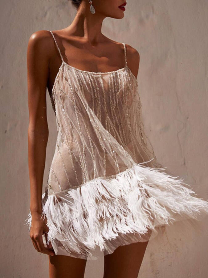 Tassel Mesh Sequin Suspender Mini Party Dress