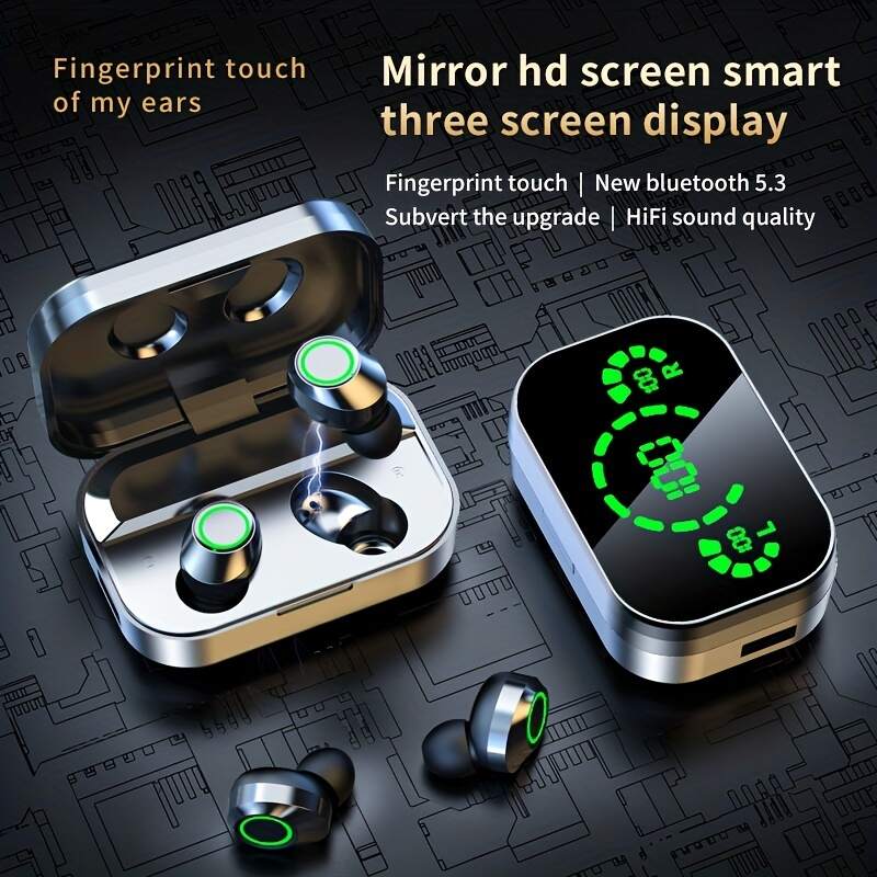 1 Set Wireless Earphones With Mirror Digital Display, Hifi Sound Quality, High Power, Emergency Charging Function For In-Ear Wireless Earphones, High-definition Voice Touch Operation, Automatic Connection To Binaural Call Earphones Charging Level Display