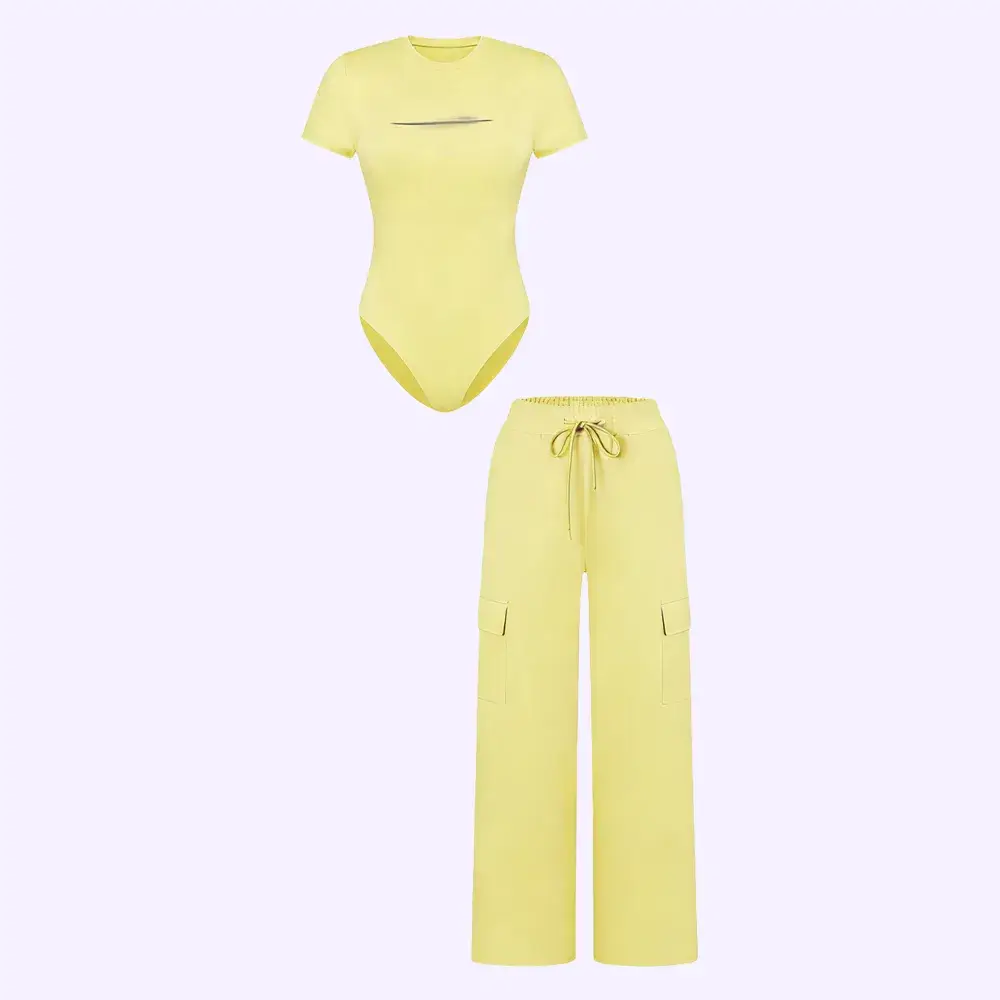 🔥Spring Fresh Sale 🎁Women's Knit Letter Print Two-Piece Set, Casual Fitted Short Sleeve Round Neck Jumpsuit & Drawstring Long Pants