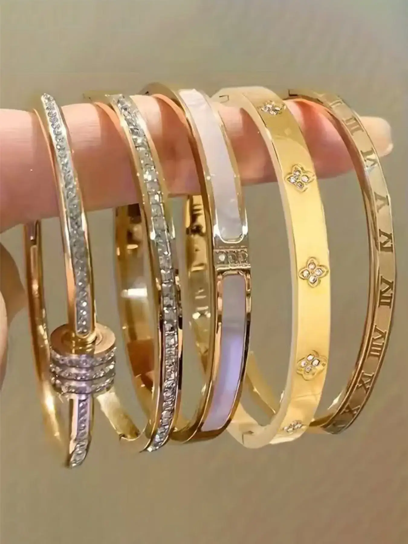 5-Piece Waterproof Titanium Steel Bracelet Set, Rhinestone Design, 18K Gold Plated