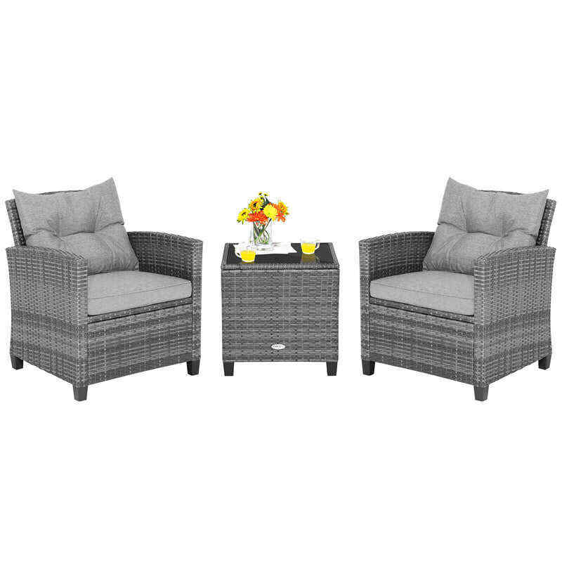 3 Pieces Patio Rattan Furniture Set Outdoor Wicker Conversation Set with Washable Cushion and Coffee Table