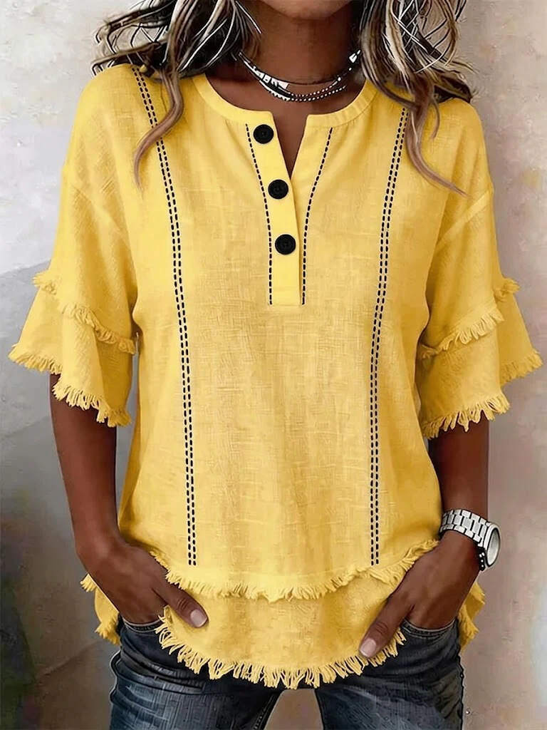 New Printed Button-Front Henley Frayed Lace Trim Top