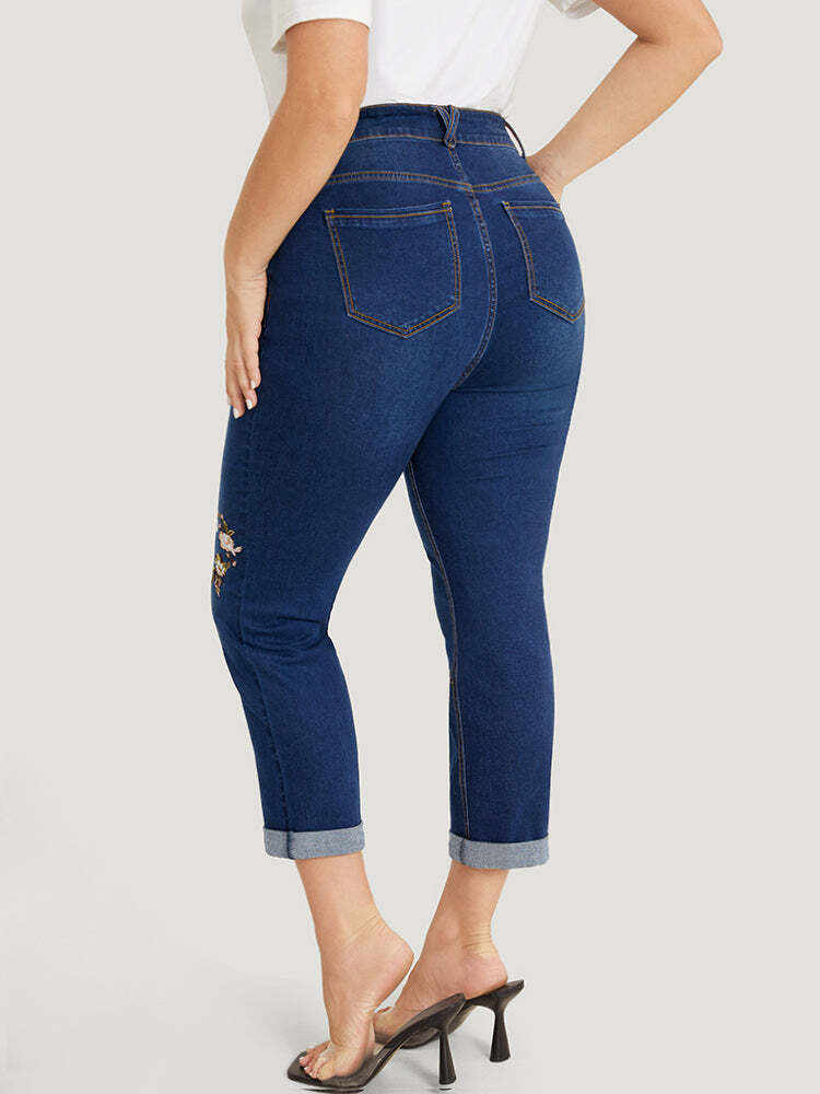 Straight Leg Very Stretchy Dark Wash Floral Embroidered Jeans