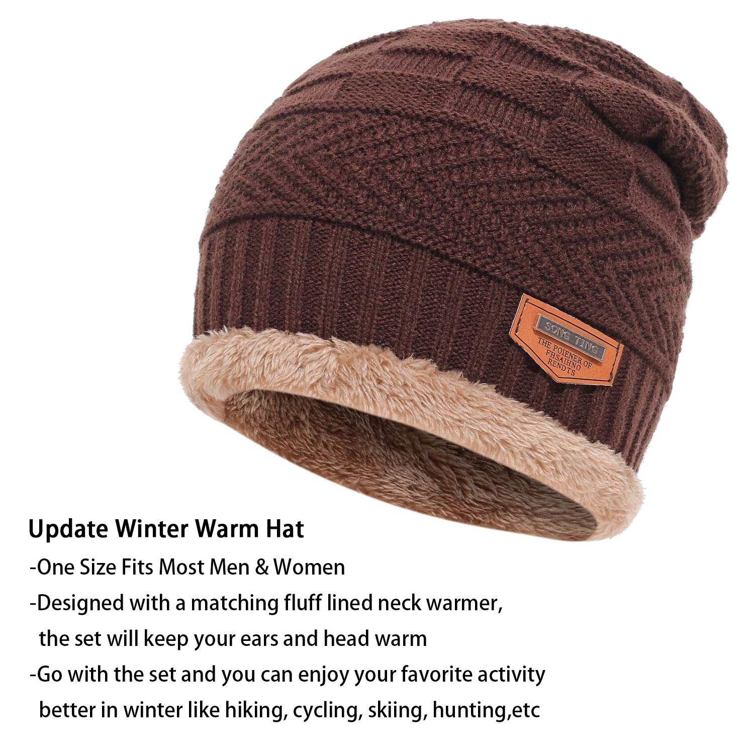 Mens Womens Winter Beanie Hat Scarf Set Warm Knit Hat Thick Fleece Lined Winter Cap
