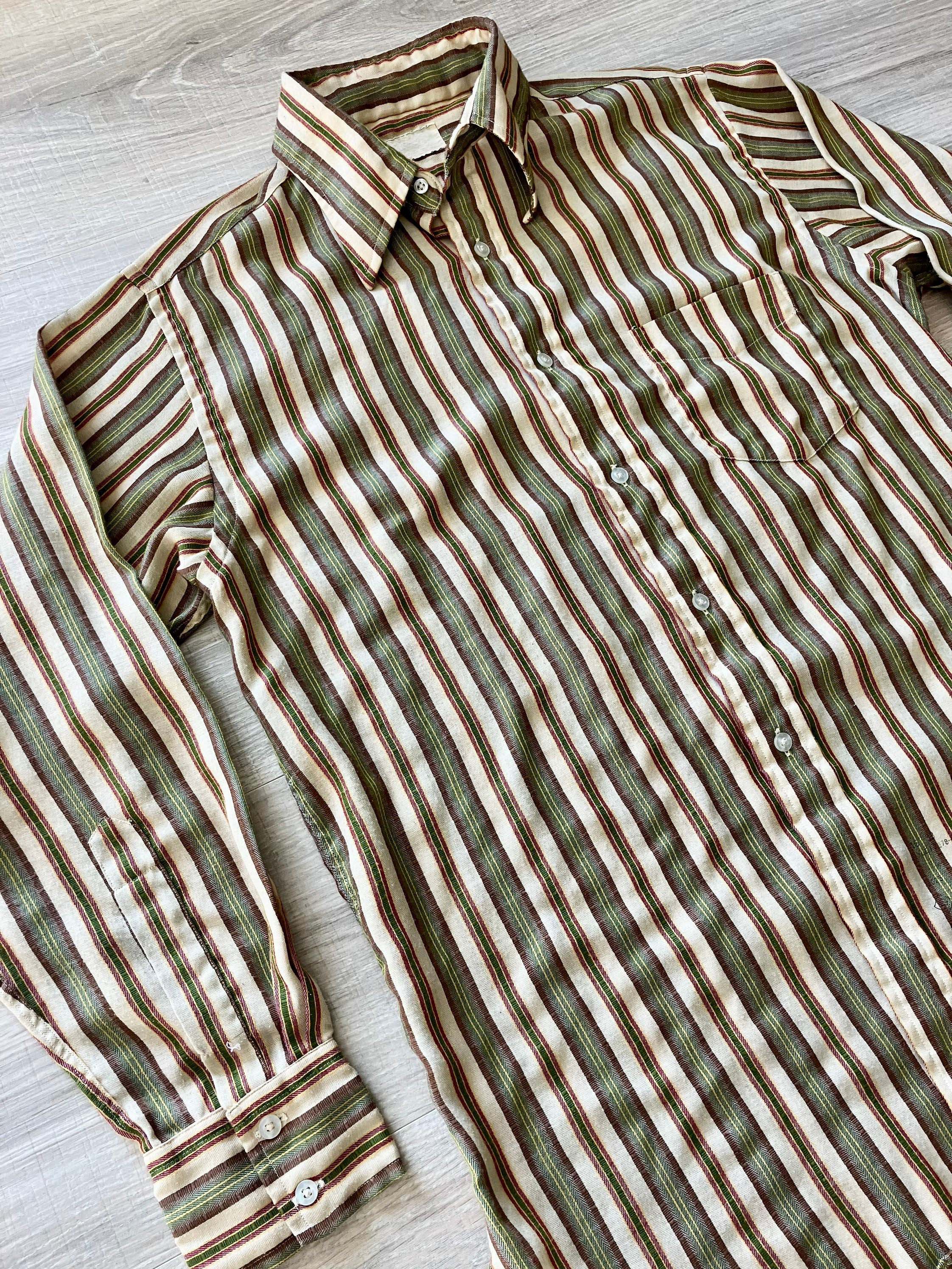 Men's Western Fashion Green and Yellow Striped Long Sleeve Shirt